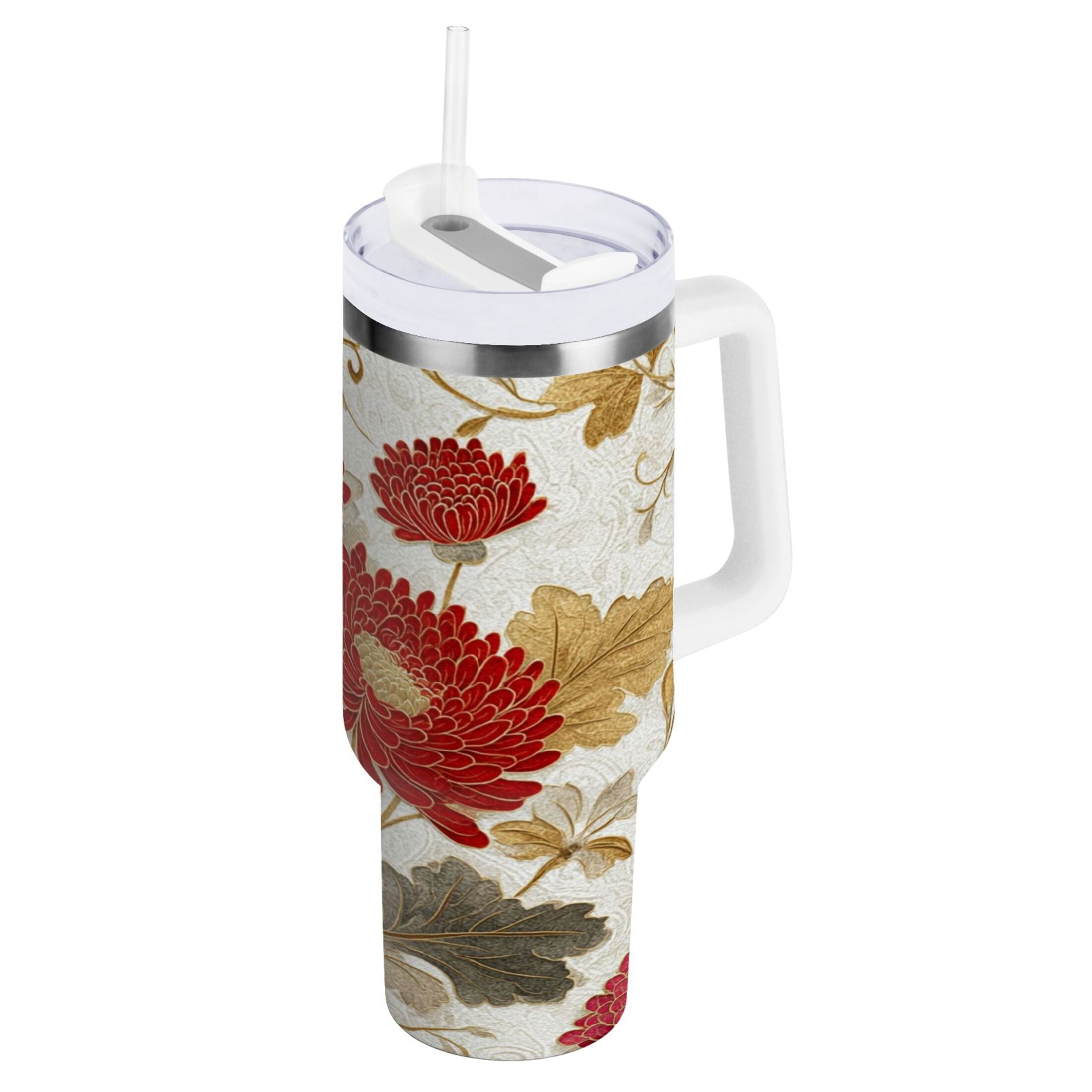 30 oz Insulated Stainless Steel Tumbler Double Wall Stainless Steel Tumbler with 2-Way Drinking Red Chrysanthemum Pattern - Choice 790