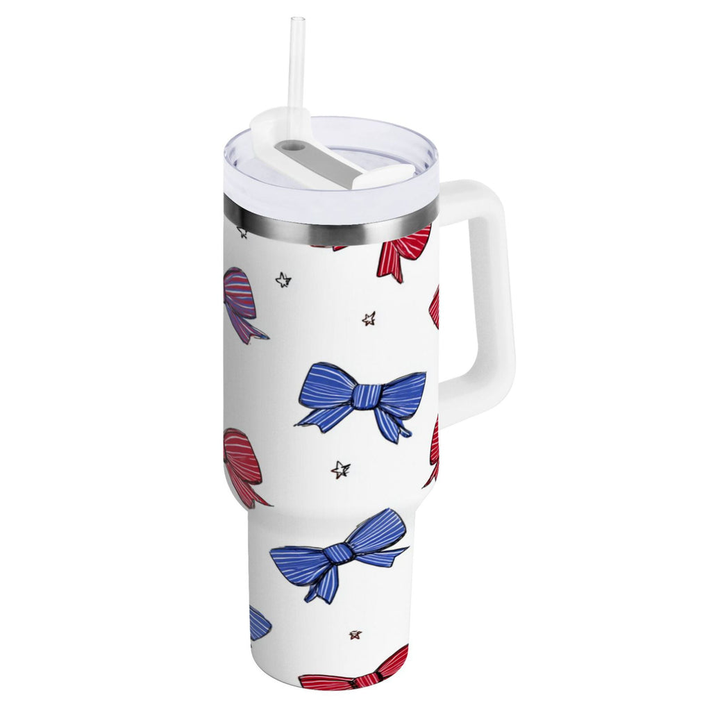 30 oz Insulated Stainless Steel Tumbler Double Wall Stainless Steel Tumbler with 2-Way Drinking Red and Blue Stripe Bows - Choice 637
