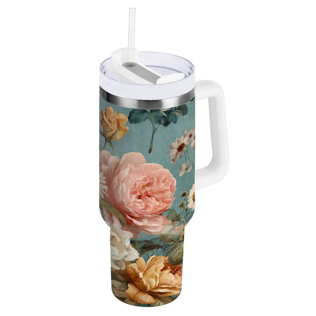 30 oz Insulated Stainless Steel Tumbler Double Wall Stainless Steel Tumbler with 2-Way Drinking Vintage Roses and Peonies - Choice 710