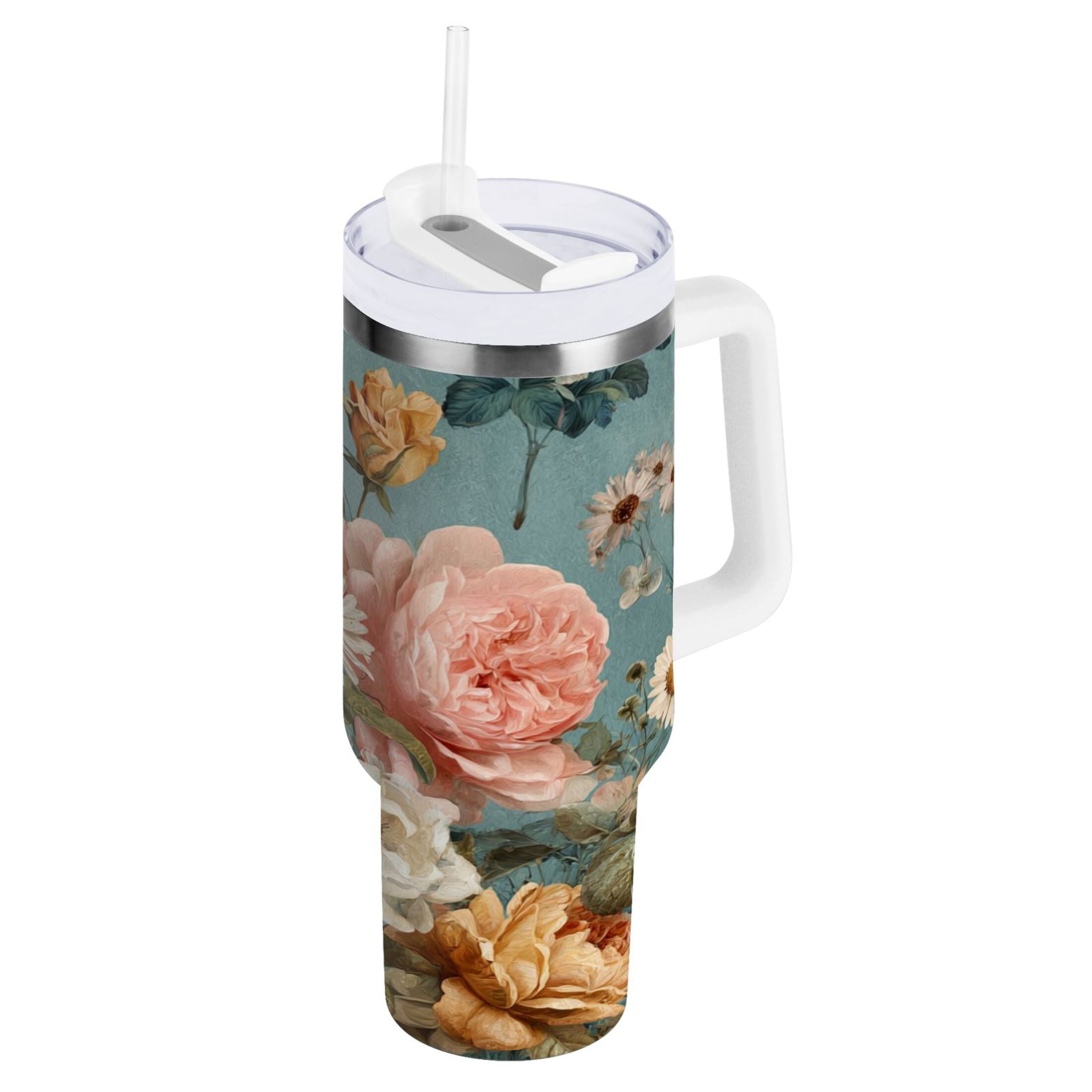 30 oz Insulated Stainless Steel Tumbler Double Wall Stainless Steel Tumbler with 2-Way Drinking Vintage Roses and Peonies - Choice 710