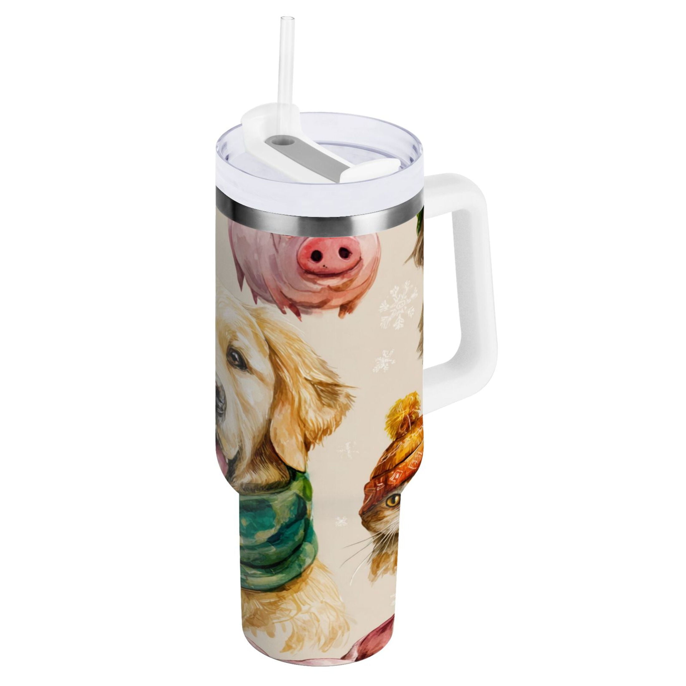 30 oz Insulated Stainless Steel Tumbler Double Wall Stainless Steel Tumbler with 2-Way Drinking Watercolor Animals Pattern - Choice 319