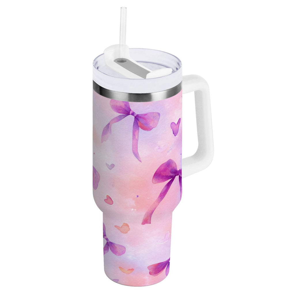30 oz Insulated Stainless Steel Tumbler Double Wall Stainless Steel Tumbler with 2-Way Drinking Watercolor Purple Bows - Choice 400