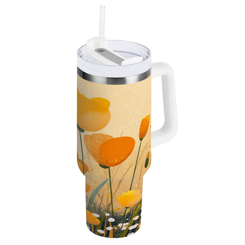30 oz Insulated Stainless Steel Tumbler Double Wall Stainless Steel Tumbler with 2-Way Drinking Yellow Flowers on The Grass - Choice 300