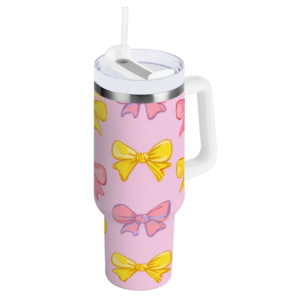 30 oz Insulated Stainless Steel Tumbler Double Wall Stainless Steel Tumbler with 2-Way Drinking Yellow and Pink Bows - Choice 374