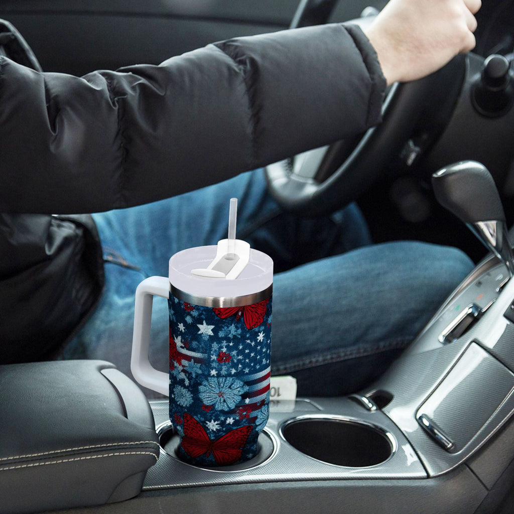 30 oz Insulated Stainless Steel Tumbler Double Wall Stainless Steel Tumbler with 2-Way Drinking Red Butterflies and Flags - Choice 680