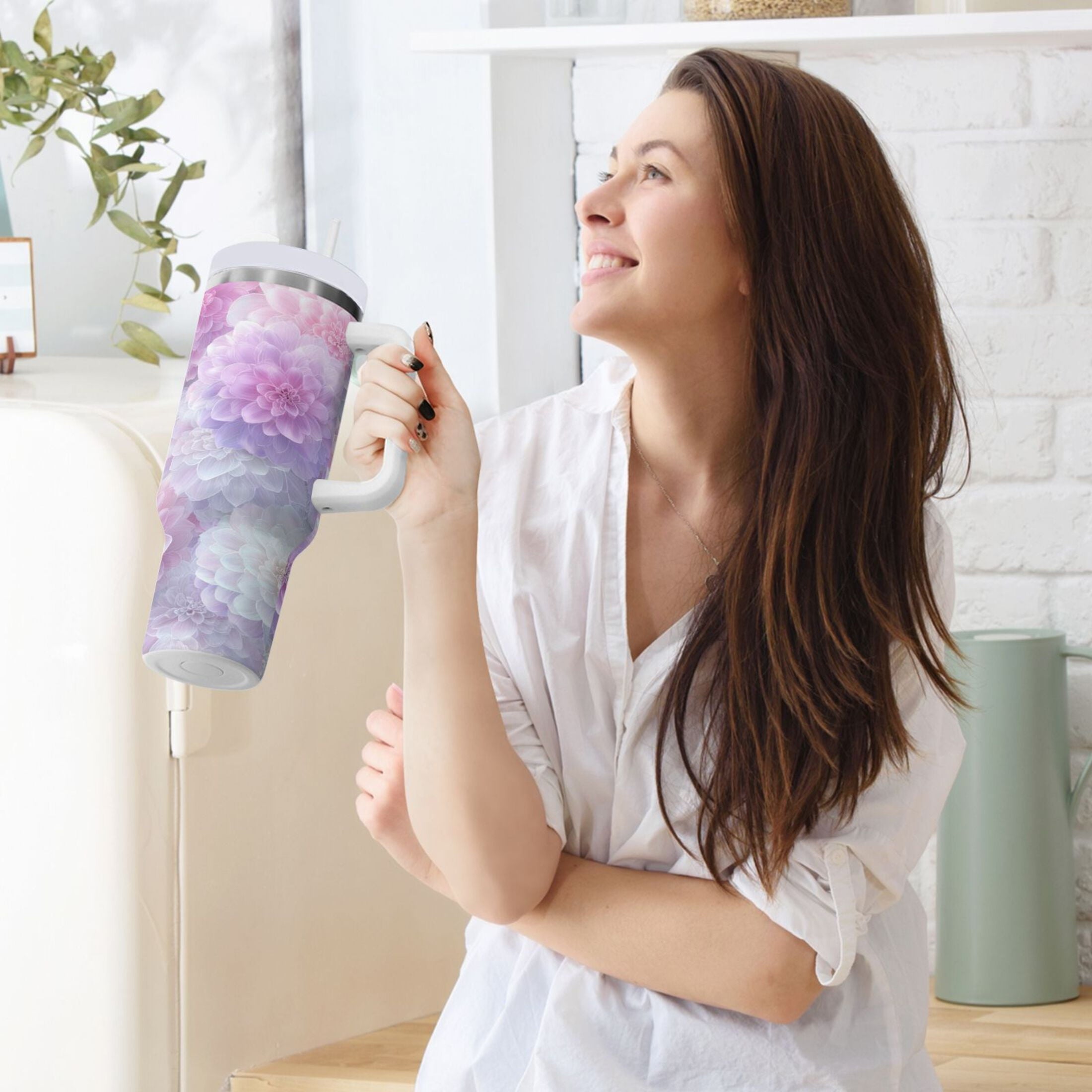 30 oz Insulated Stainless Steel Tumbler Double Wall Stainless Steel Tumbler with 2-Way Drinking Cute Pastel Watercolor Floral - Choice 147