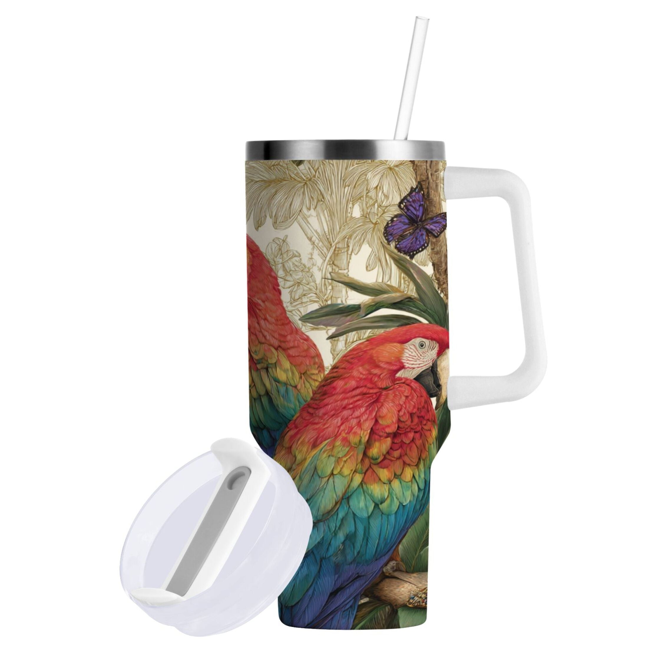30 oz Insulated Stainless Steel Tumbler Double Wall Stainless Steel Tumbler with 2-Way Drinking Colorful Beautiful Parrots - Choice 284