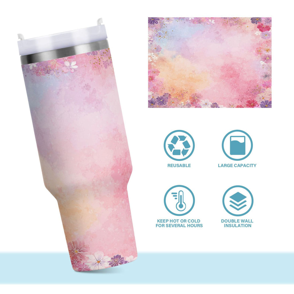 30 oz Insulated Stainless Steel Tumbler Double Wall Stainless Steel Tumbler with 2-Way Drinking Colorful Pastel Floral Pattern - Choice 348