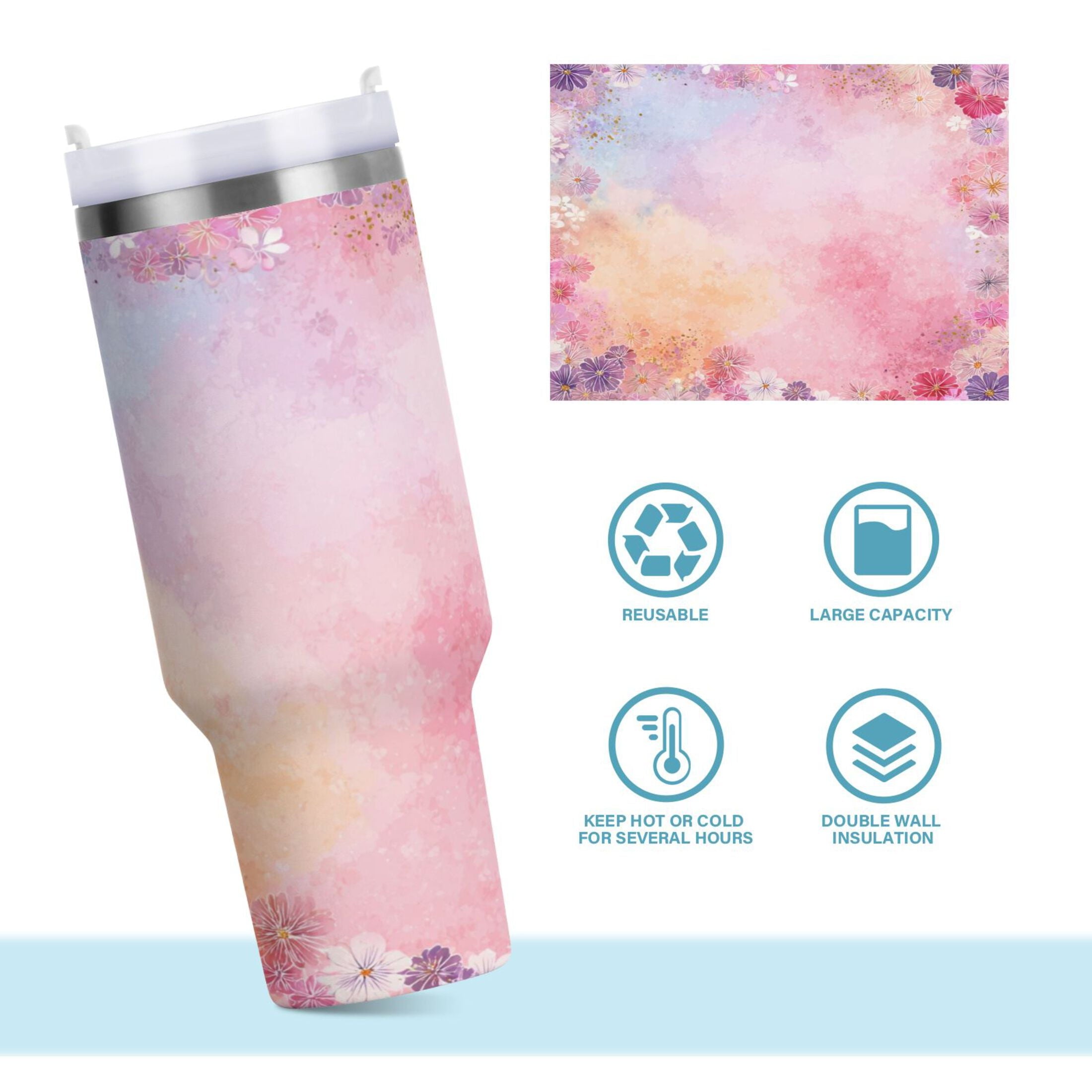 30 oz Insulated Stainless Steel Tumbler Double Wall Stainless Steel Tumbler with 2-Way Drinking Colorful Pastel Floral Pattern - Choice 348