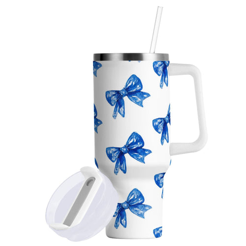 30 oz Insulated Stainless Steel Tumbler Double Wall Stainless Steel Tumbler with 2-Way Drinking Blue Bows Pattern - Choice 555