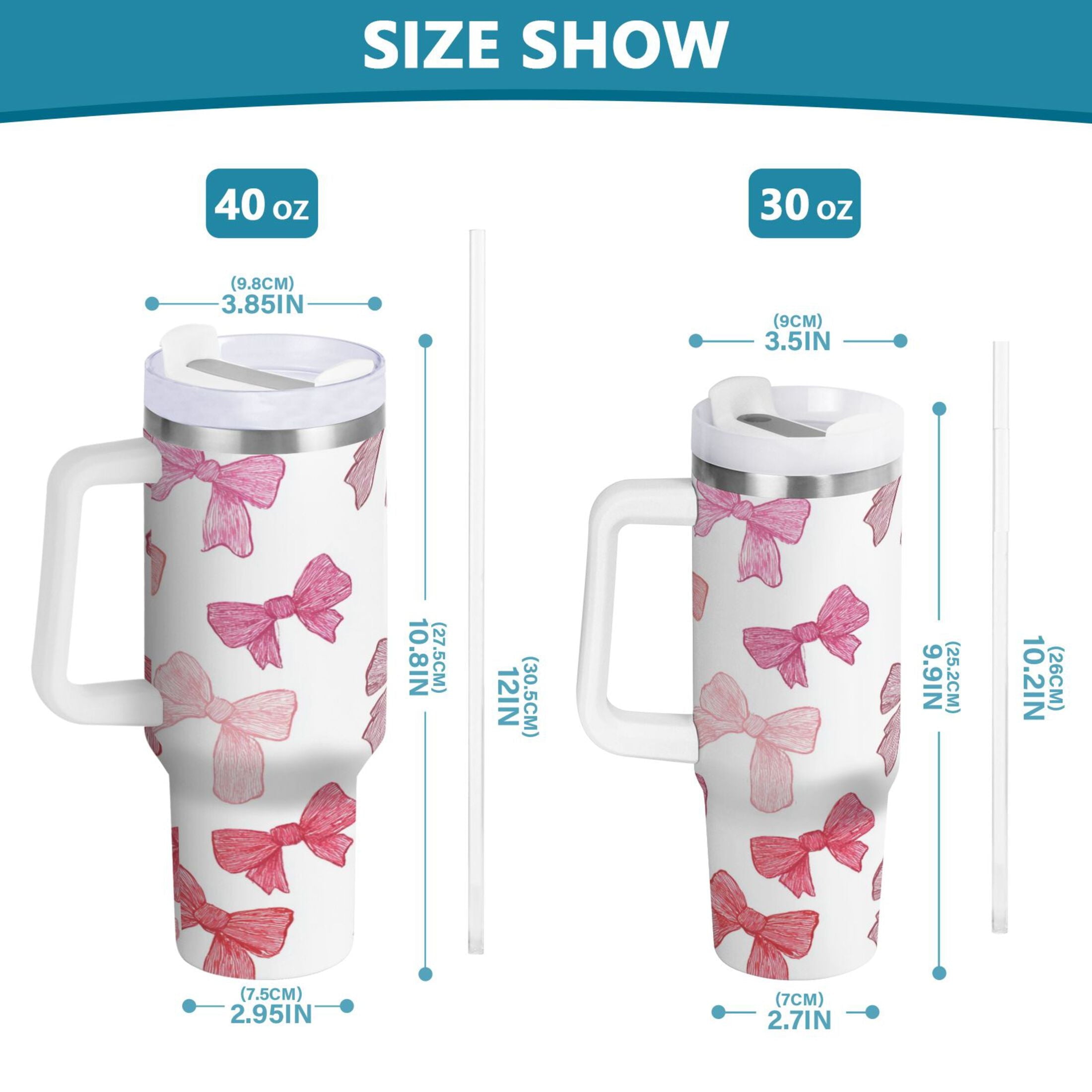 40 oz Insulated Stainless Steel Tumbler Double Wall Stainless Steel Tumbler with 2-Way Drinking Pink Bows Pattern - Choice 914