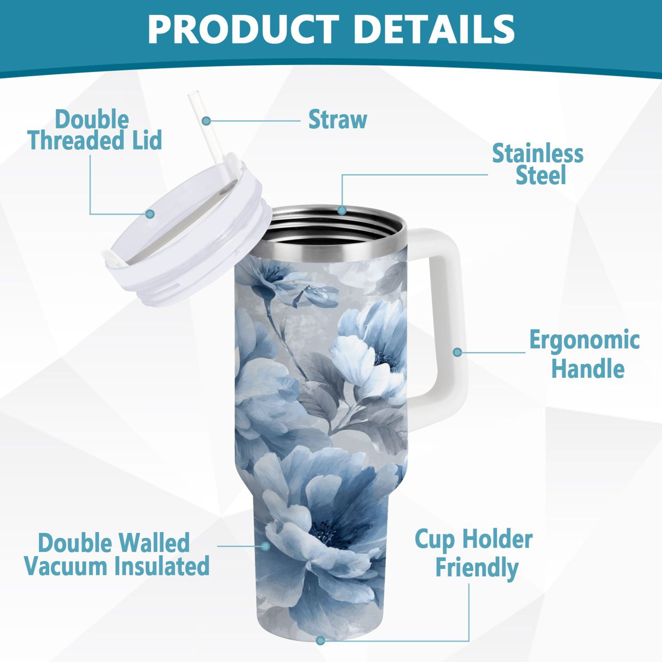 40 oz Insulated Stainless Steel Tumbler Double Wall Stainless Steel Tumbler with 2-Way Drinking White Floral Pattern - Choice 733
