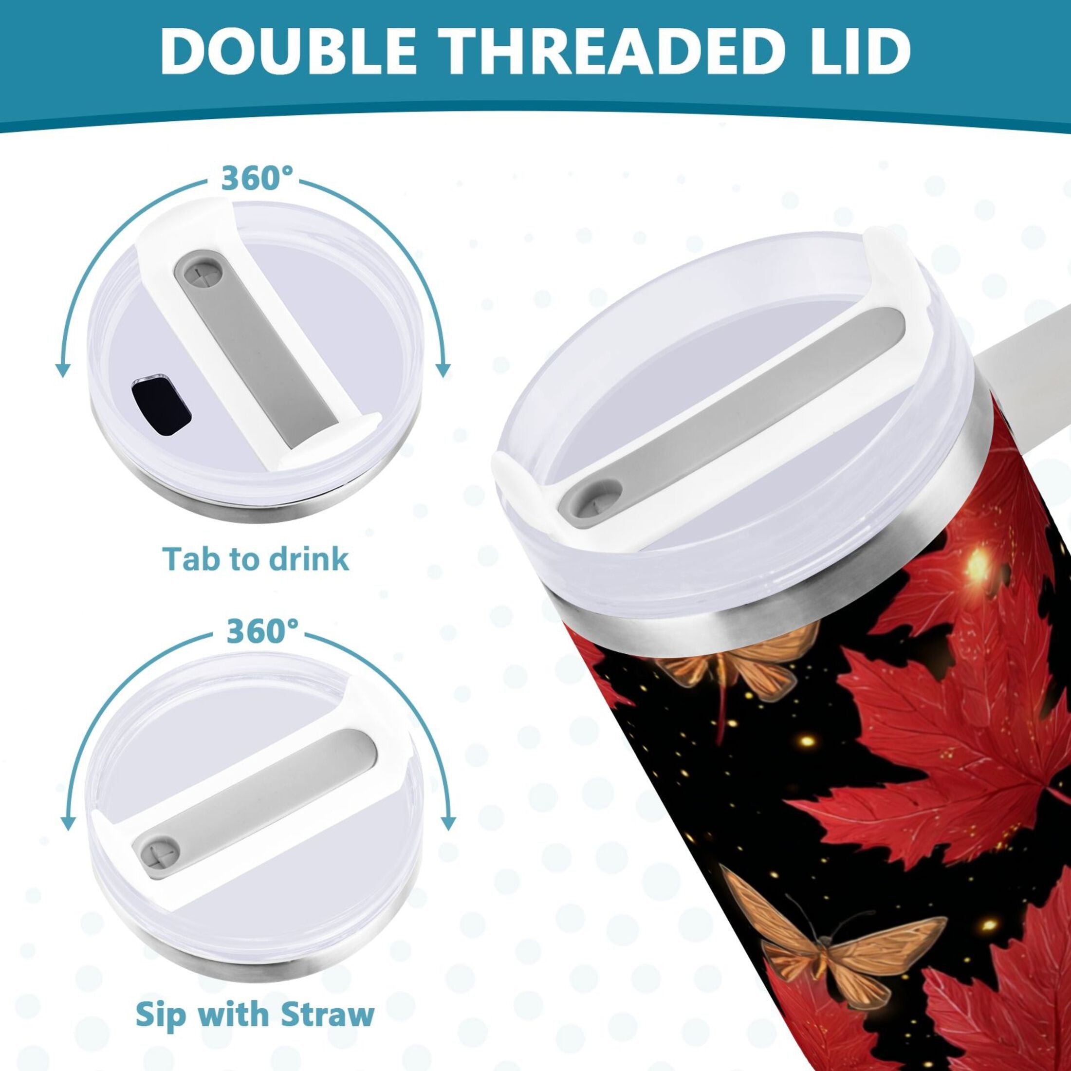 40 oz Insulated Stainless Steel Tumbler Double Wall Stainless Steel Tumbler with 2-Way Drinking Maple Leaves and Fireflies - Choice 258