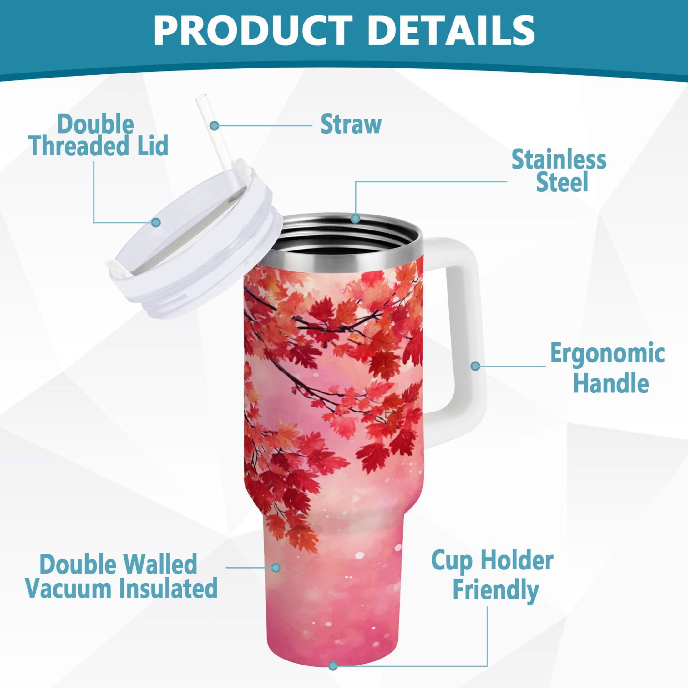 30 oz Insulated Stainless Steel Tumbler Double Wall Stainless Steel Tumbler with 2-Way Drinking Watercolor Red Maple Leaves - Choice 218
