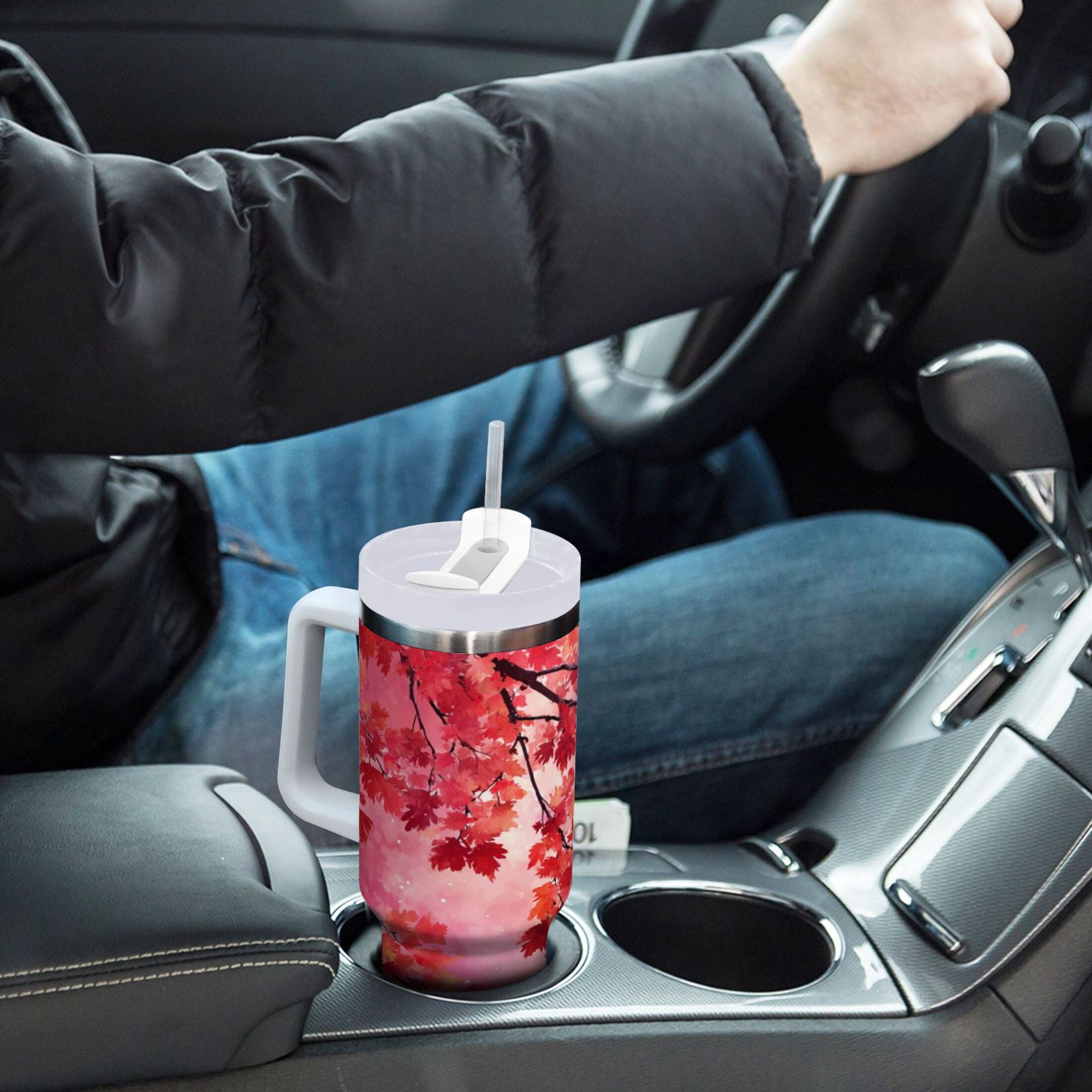 30 oz Insulated Stainless Steel Tumbler Double Wall Stainless Steel Tumbler with 2-Way Drinking Watercolor Red Maple Leaves - Choice 218