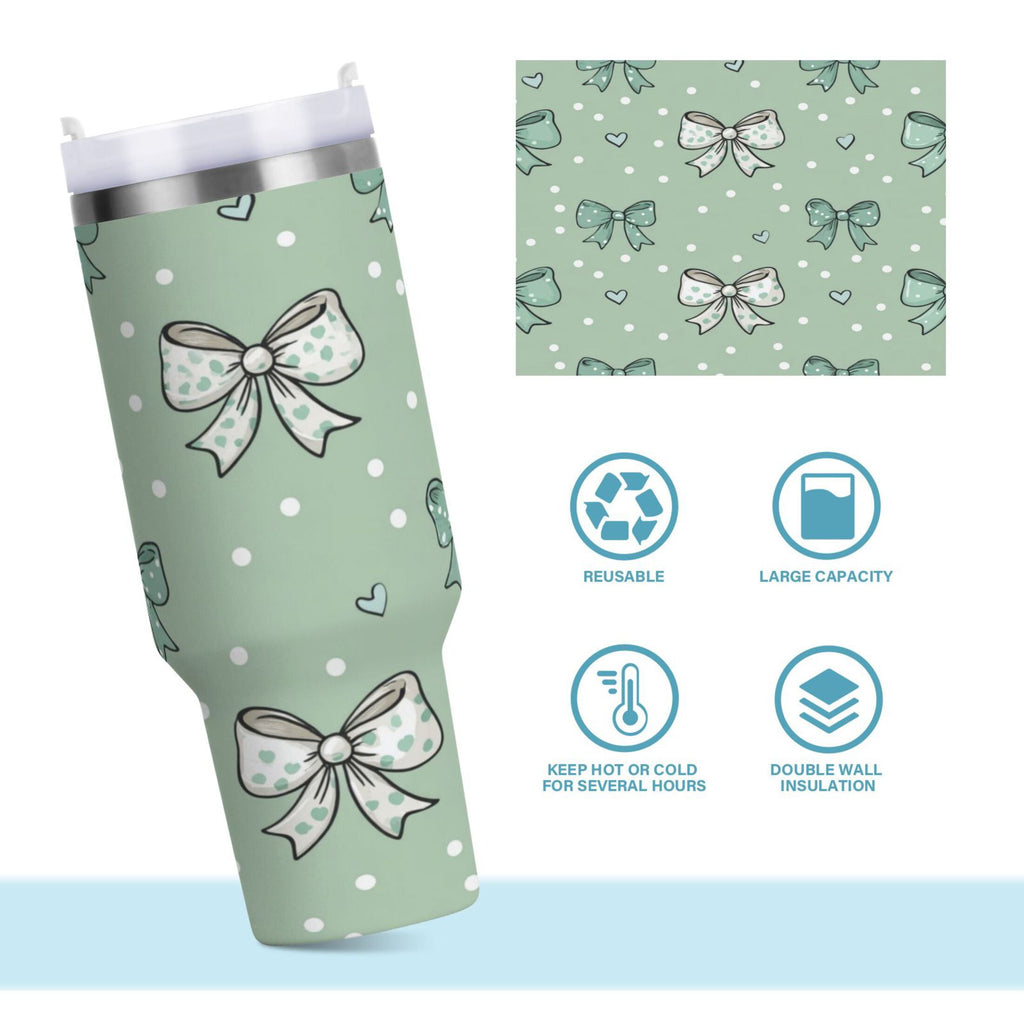 30 oz Insulated Stainless Steel Tumbler Double Wall Stainless Steel Tumbler with 2-Way Drinking Green and Mint Bows - Choice 428