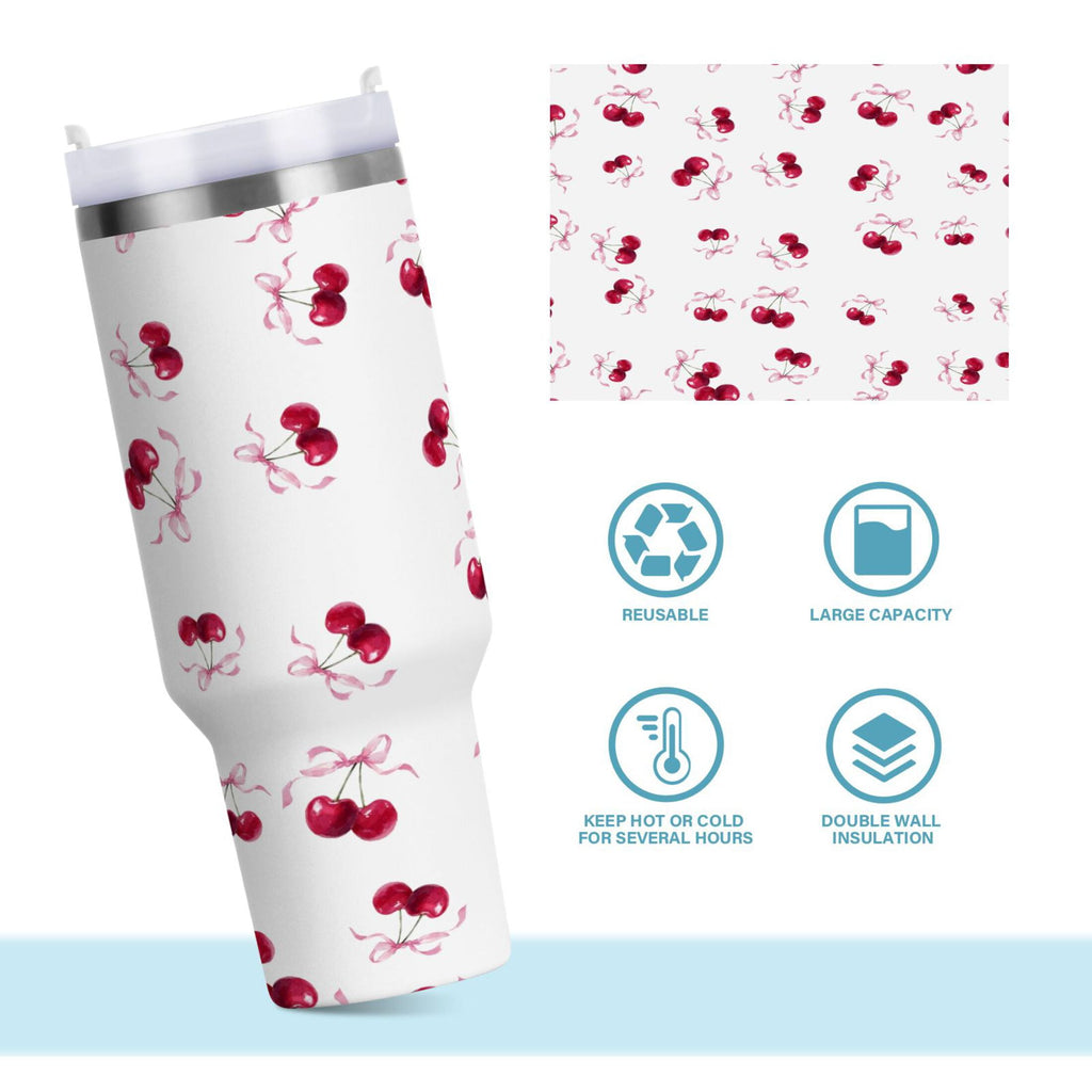 30 oz Insulated Stainless Steel Tumbler Double Wall Stainless Steel Tumbler with 2-Way Drinking Watercolor Cherries Pattern - Choice 345