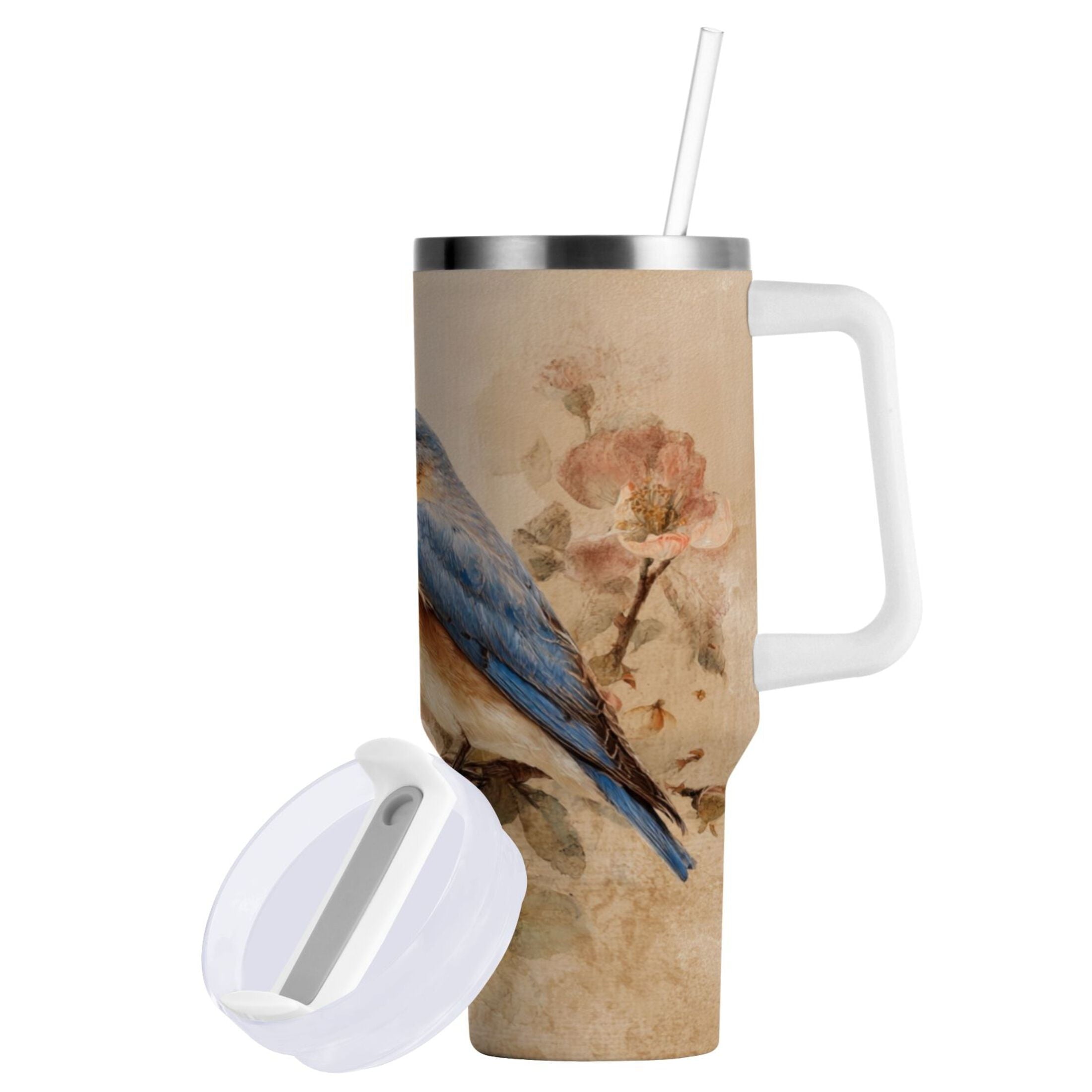 40 oz Insulated Stainless Steel Tumbler Double Wall Stainless Steel Tumbler with 2-Way Drinking Bluebird and Ancient Flowers - Choice 248