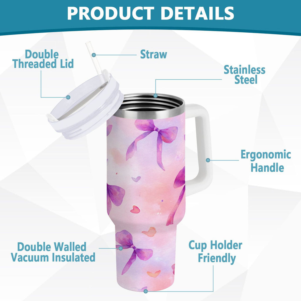 30 oz Insulated Stainless Steel Tumbler Double Wall Stainless Steel Tumbler with 2-Way Drinking Watercolor Purple Bows - Choice 400