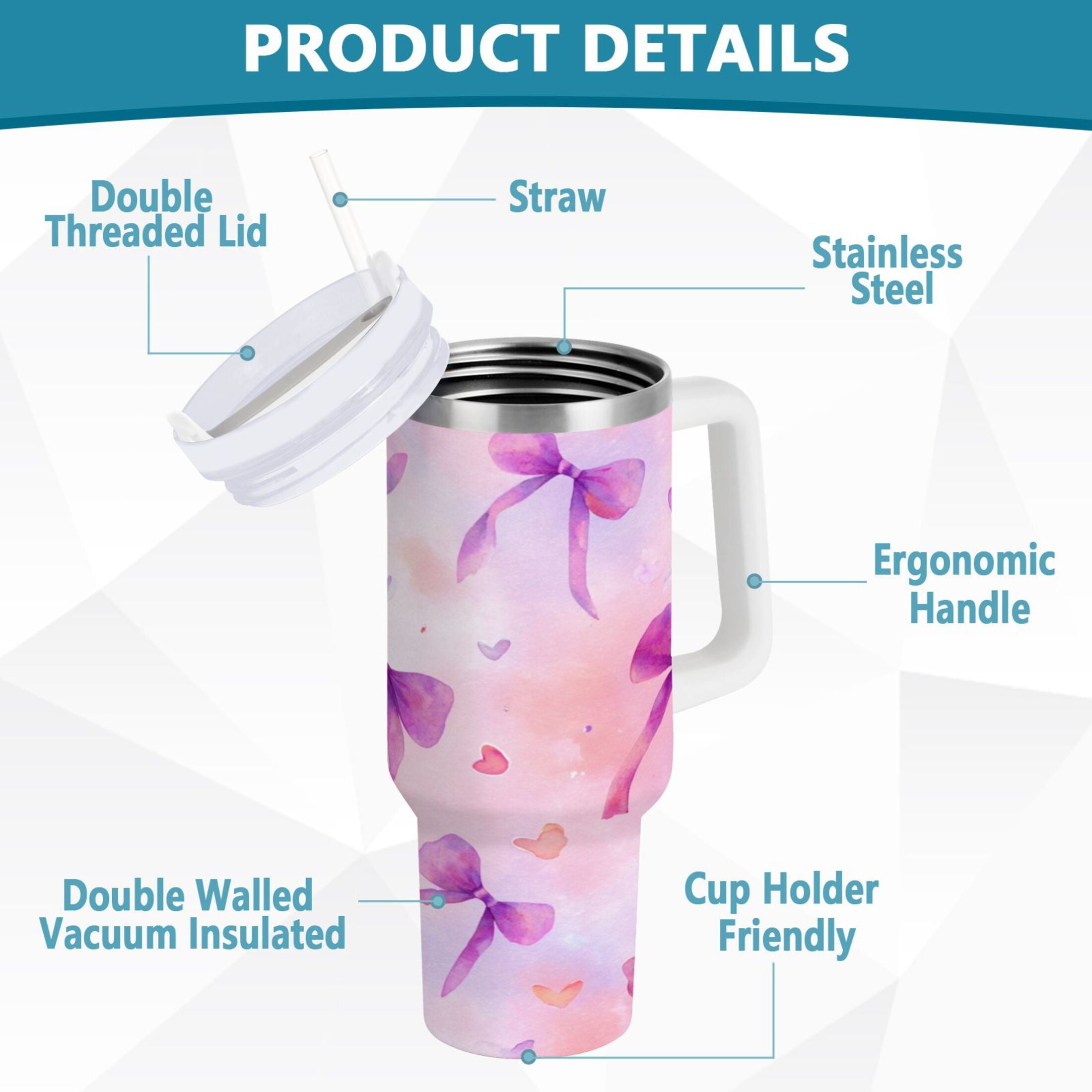 30 oz Insulated Stainless Steel Tumbler Double Wall Stainless Steel Tumbler with 2-Way Drinking Watercolor Purple Bows - Choice 400