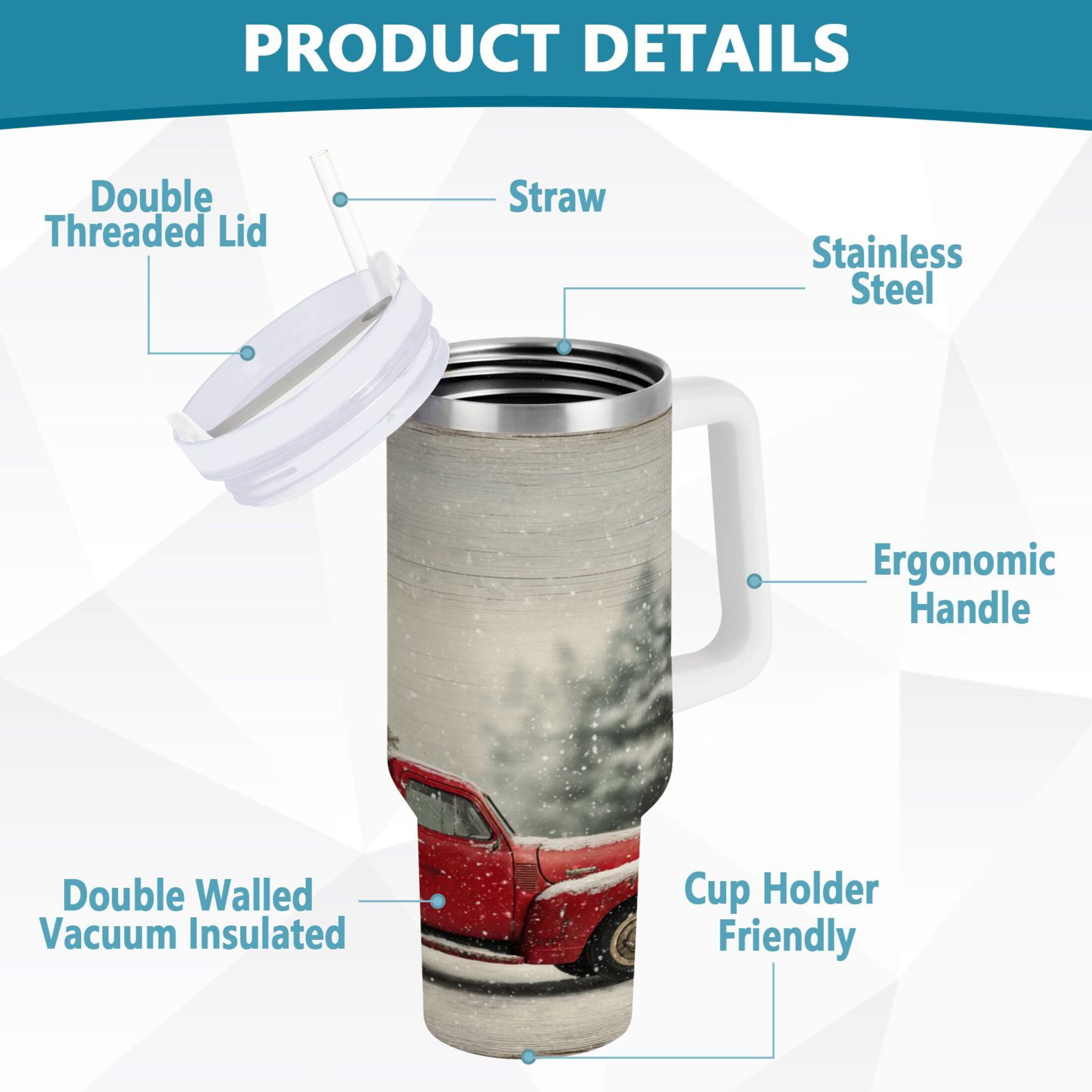 40 oz Insulated Stainless Steel Tumbler Double Wall Stainless Steel Tumbler with 2-Way Drinking Vintage Red Truck - Choice 753