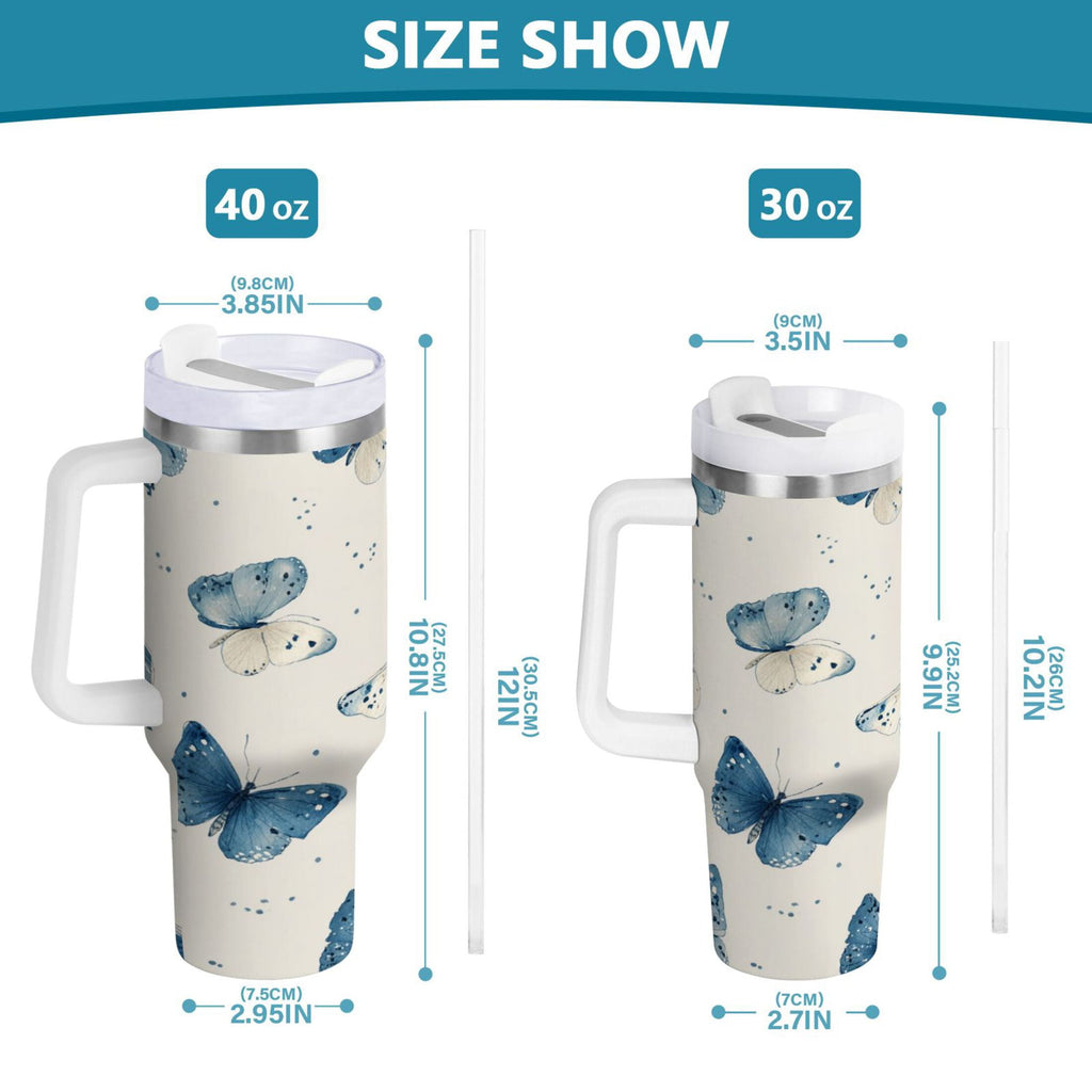 30 oz Insulated Stainless Steel Tumbler Double Wall Stainless Steel Tumbler with 2-Way Drinking Blue Watercolor Butterflies - Choice 605