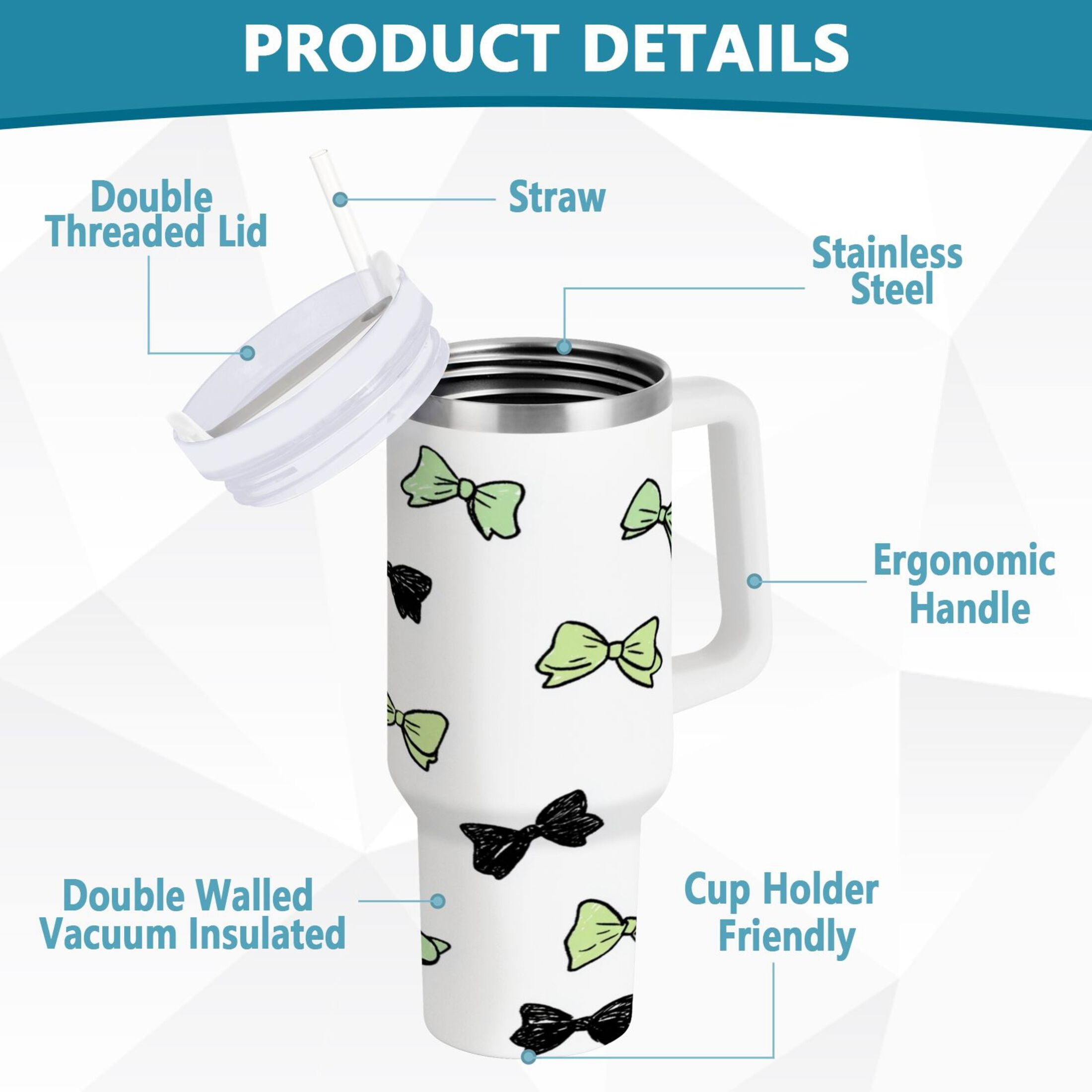 40 oz Insulated Stainless Steel Tumbler Double Wall Stainless Steel Tumbler with 2-Way Drinking Green and Black Bows - Choice 904