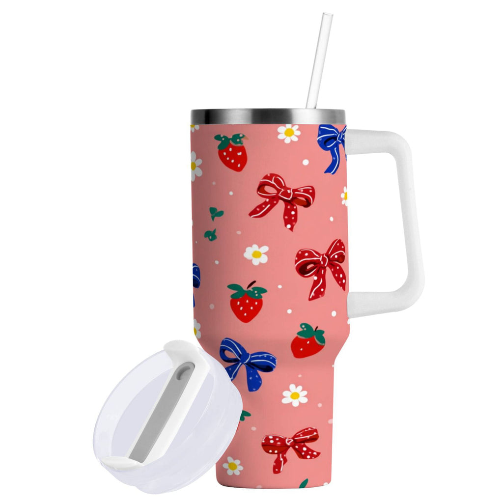 40 oz Insulated Stainless Steel Tumbler Double Wall Stainless Steel Tumbler with 2-Way Drinking Bows and Strawberries Pattern - Choice 232