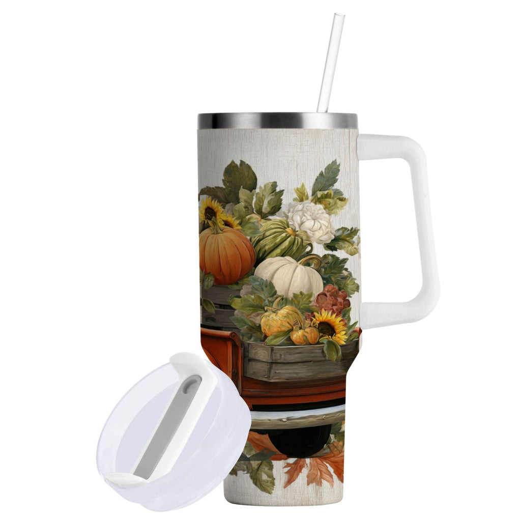 40 oz Insulated Stainless Steel Tumbler Double Wall Stainless Steel Tumbler with 2-Way Drinking Truck Full Of Pumpkins - Choice 682