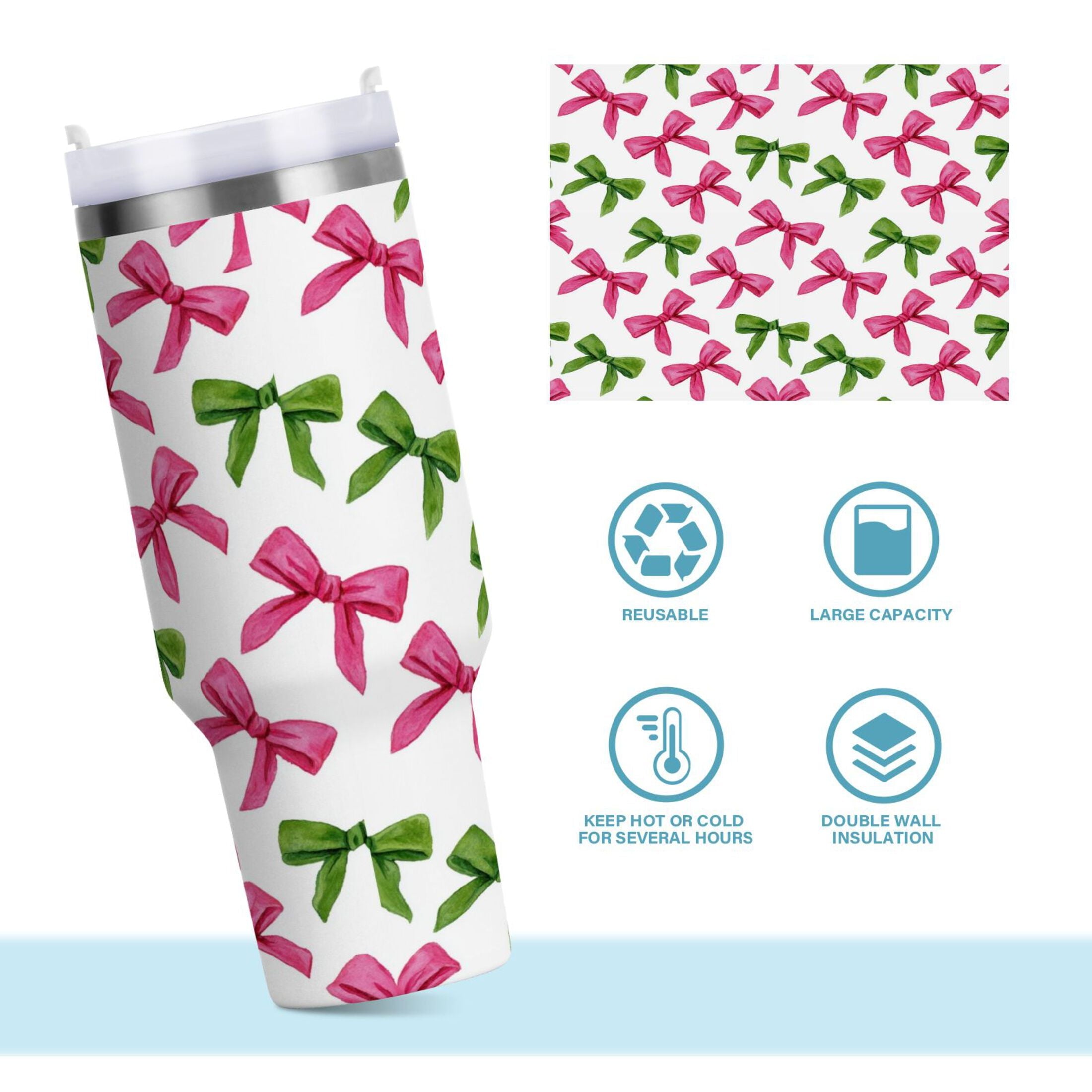 30 oz Insulated Stainless Steel Tumbler Double Wall Stainless Steel Tumbler with 2-Way Drinking Pink Bows and Green Ribbons - Choice 896