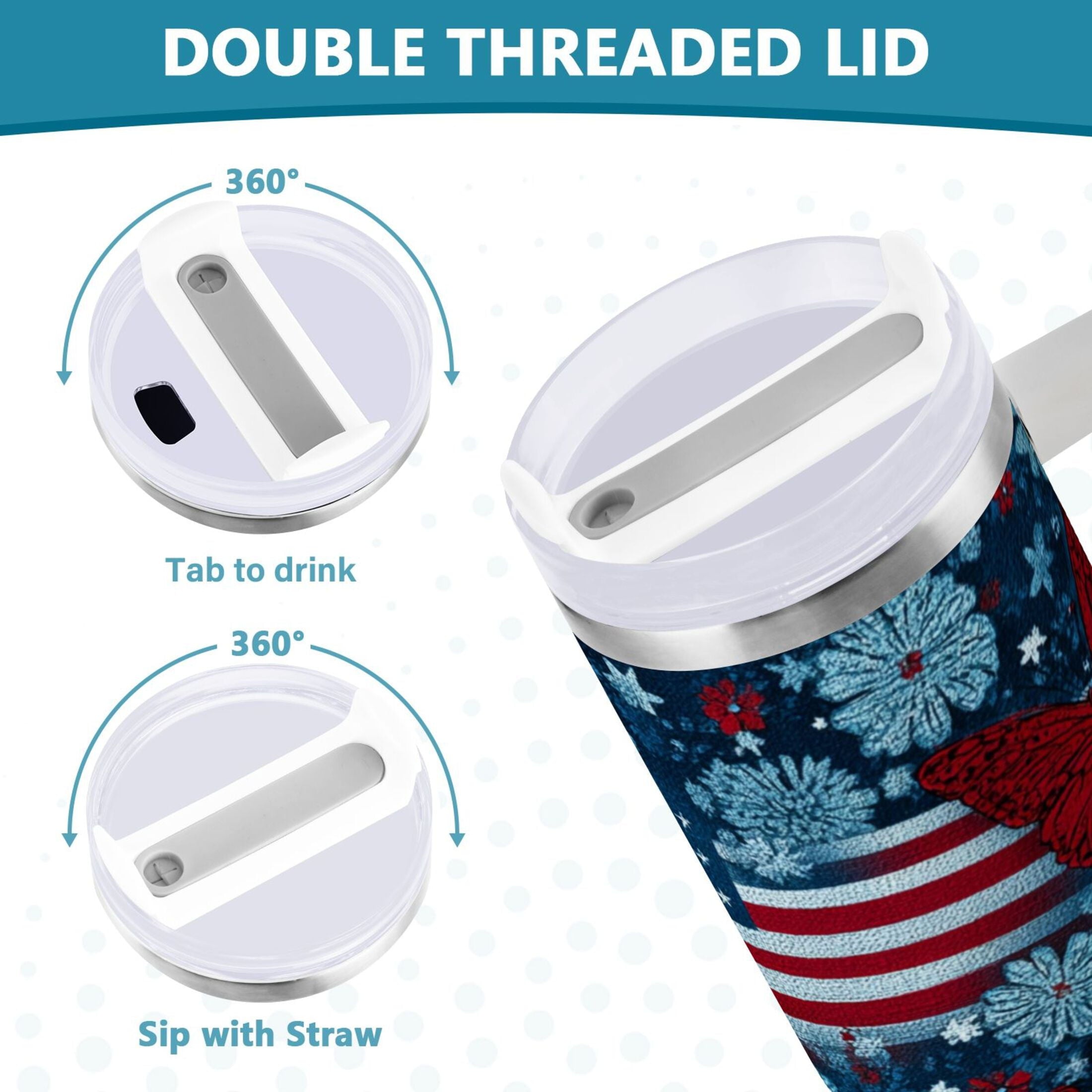 30 oz Insulated Stainless Steel Tumbler Double Wall Stainless Steel Tumbler with 2-Way Drinking Red Butterflies and Flags - Choice 680