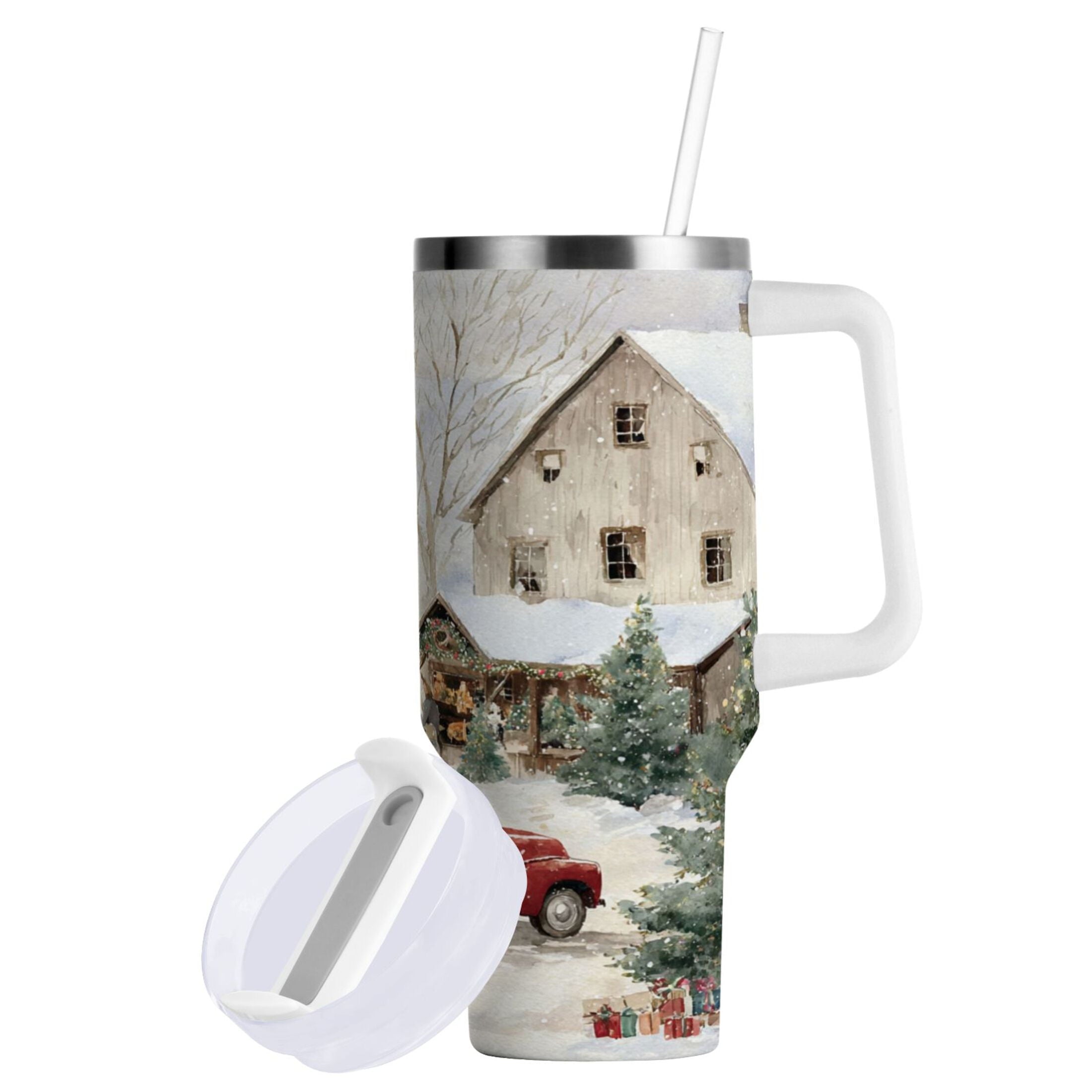 40 oz Insulated Stainless Steel Tumbler Double Wall Stainless Steel Tumbler with 2-Way Drinking Farm Snow Scene - Choice 272