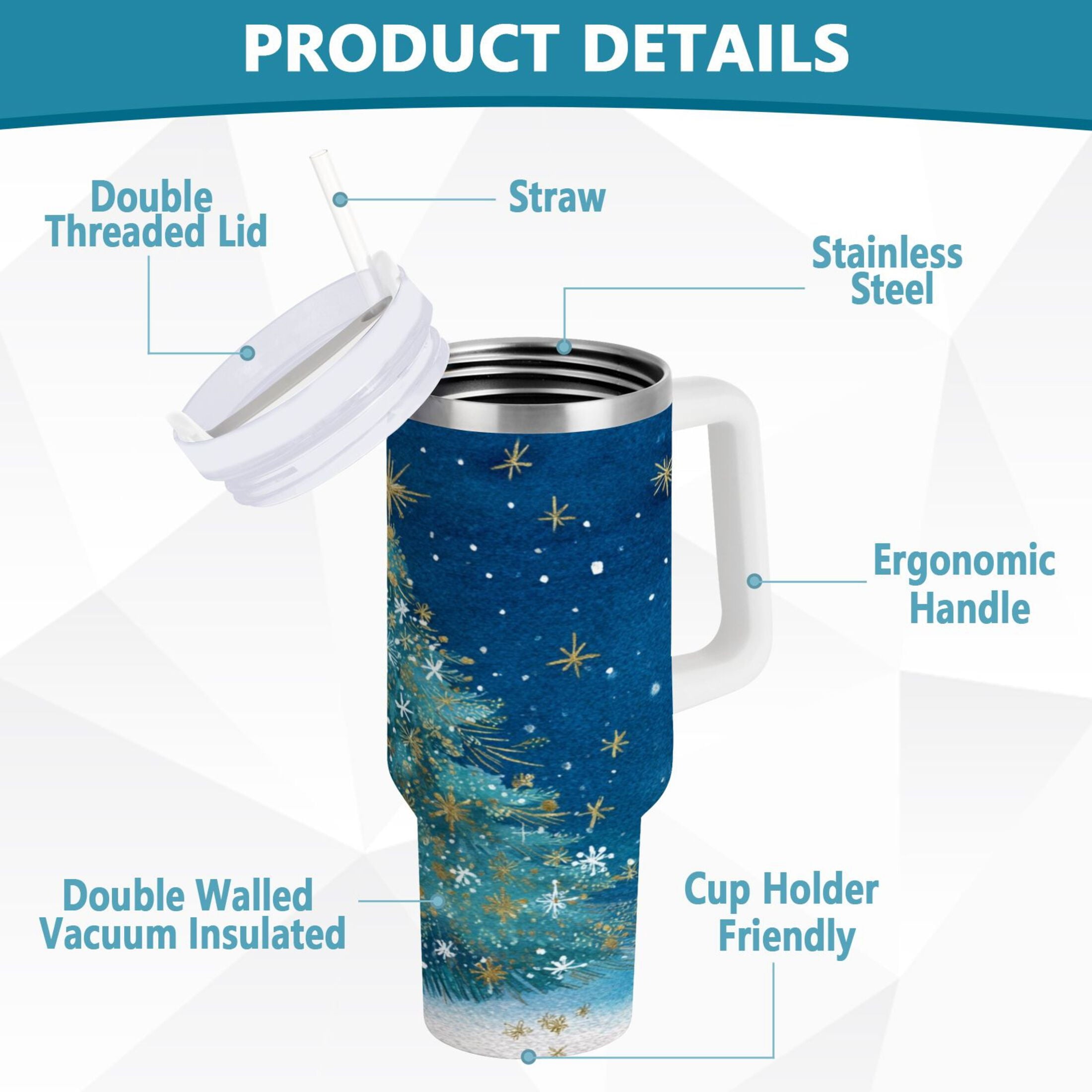 40 oz Insulated Stainless Steel Tumbler Double Wall Stainless Steel Tumbler with 2-Way Drinking Watercolor Christmas Tree - Choice 733