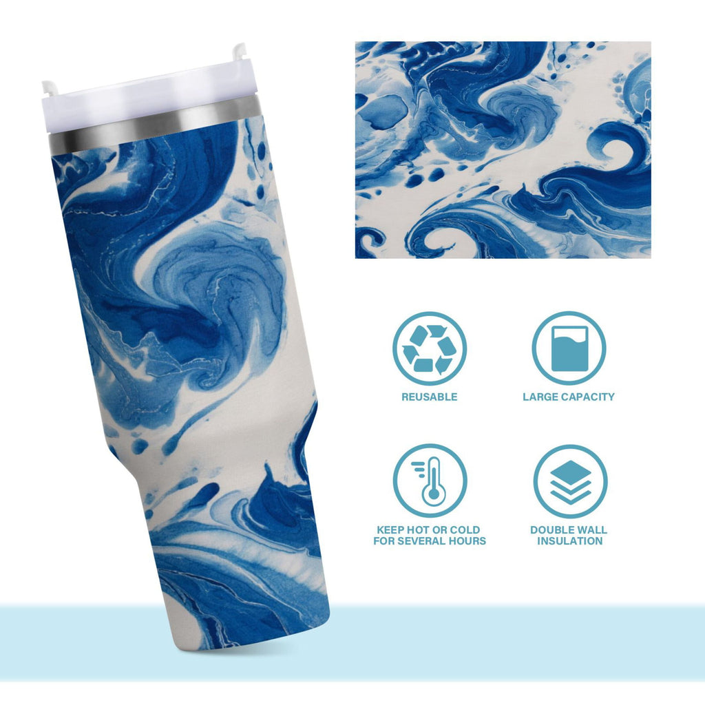 40 oz Insulated Stainless Steel Tumbler Double Wall Stainless Steel Tumbler with 2-Way Drinking Indigo Blue Tie-dye Pattern - Choice 230