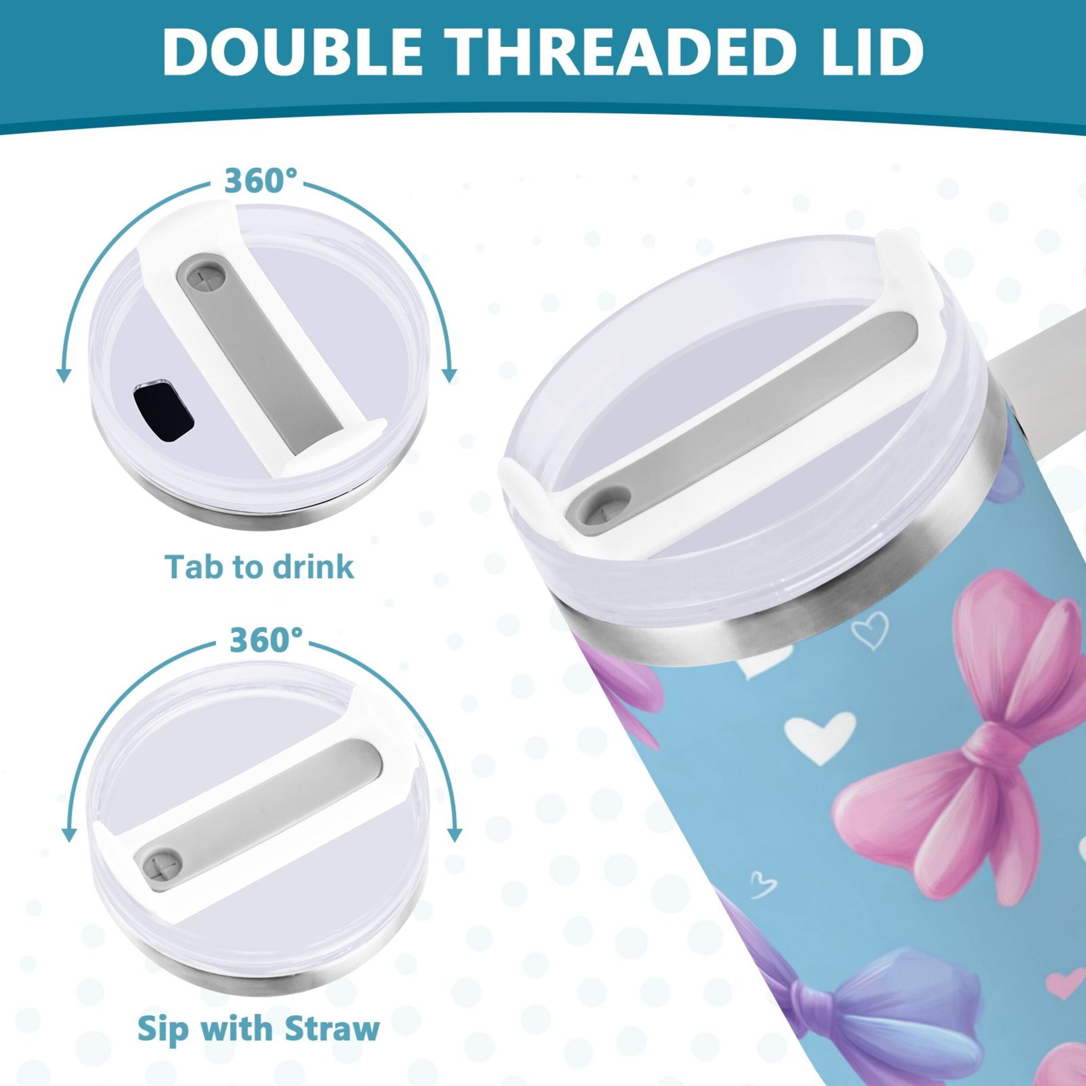 30 oz Insulated Stainless Steel Tumbler Double Wall Stainless Steel Tumbler with 2-Way Drinking Pink and Purple Bows - Choice 223