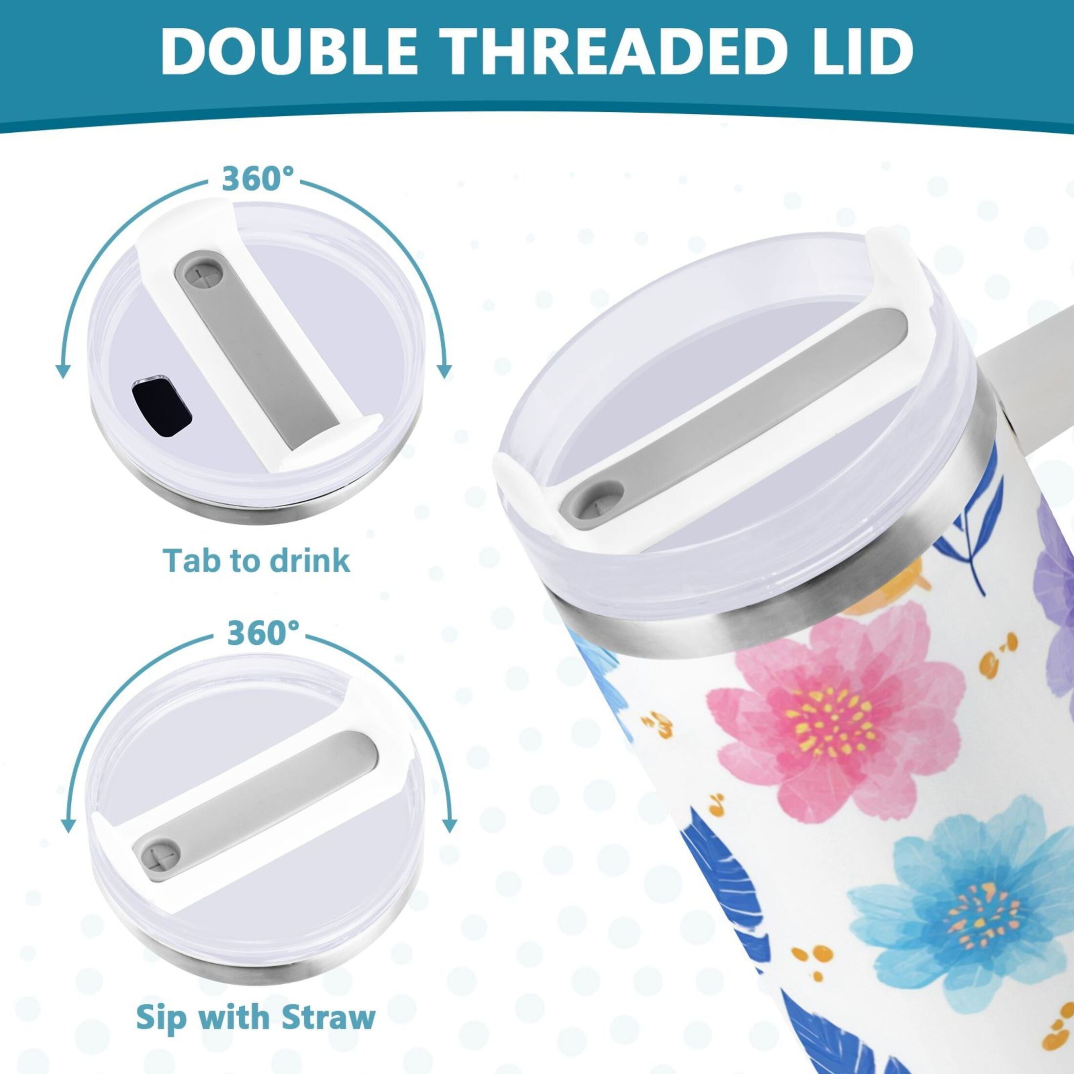 30 oz Insulated Stainless Steel Tumbler Double Wall Stainless Steel Tumbler with 2-Way Drinking Blue and Purple Flowers - Choice 738