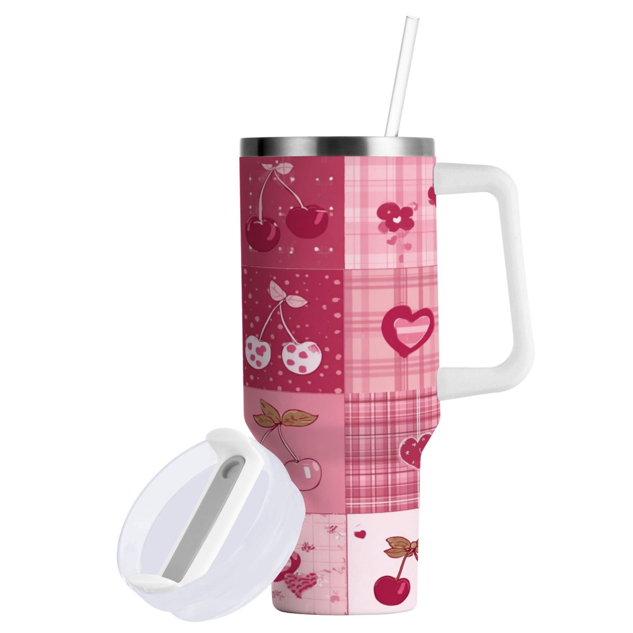 30 oz Insulated Stainless Steel Tumbler Double Wall Stainless Steel Tumbler with 2-Way Drinking Cherry Pattern with Bows - Choice 897