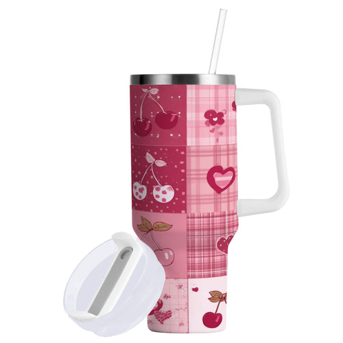 30 oz Insulated Stainless Steel Tumbler Double Wall Stainless Steel Tumbler with 2-Way Drinking Cherry Pattern with Bows - Choice 897