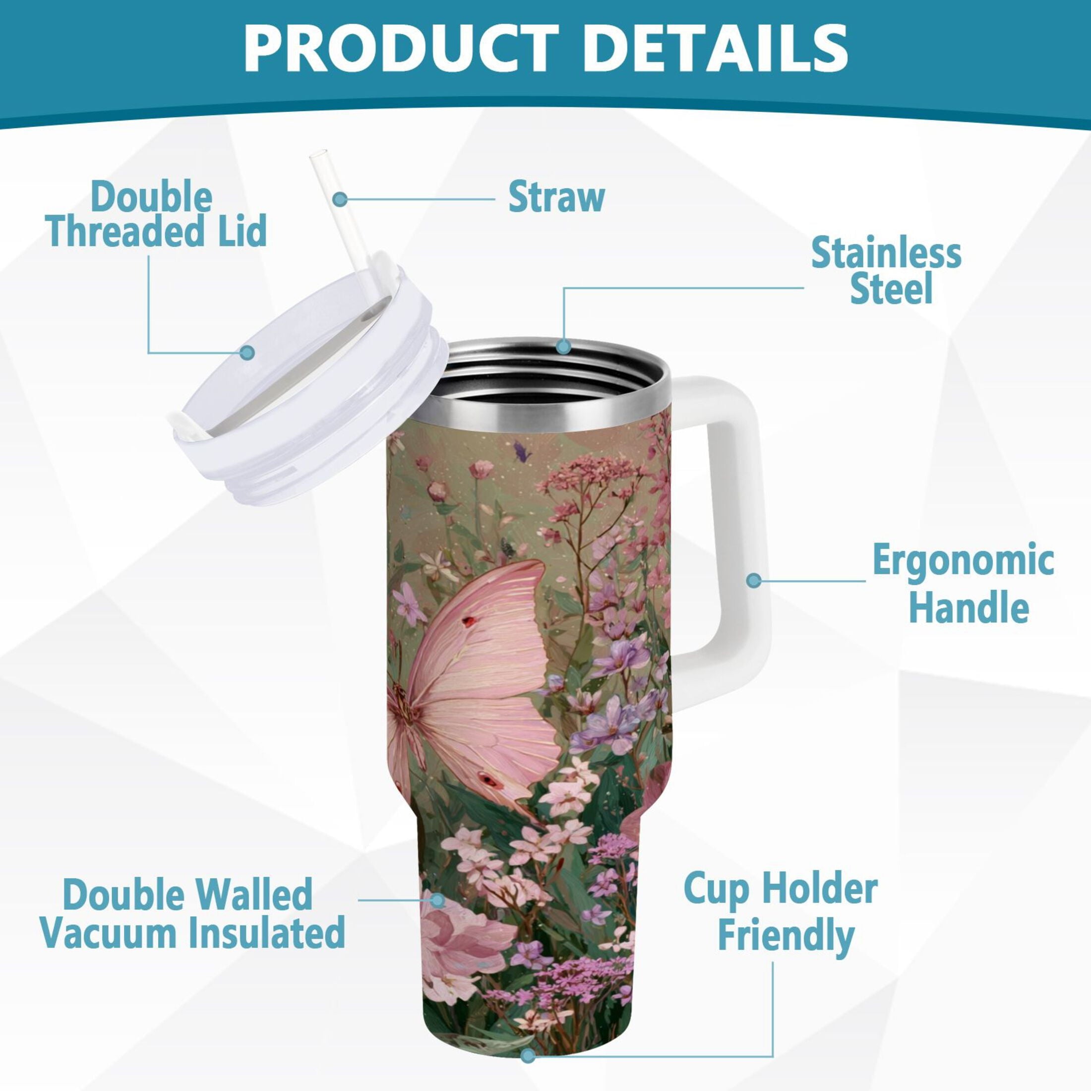 30 oz Insulated Stainless Steel Tumbler Double Wall Stainless Steel Tumbler with 2-Way Drinking Delicate Butterfly - Choice 876