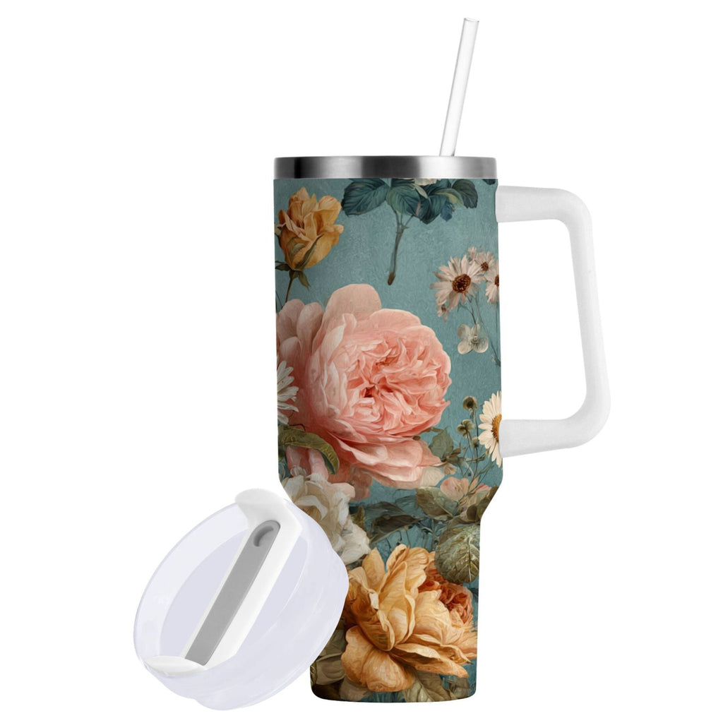 30 oz Insulated Stainless Steel Tumbler Double Wall Stainless Steel Tumbler with 2-Way Drinking Vintage Roses and Peonies - Choice 710
