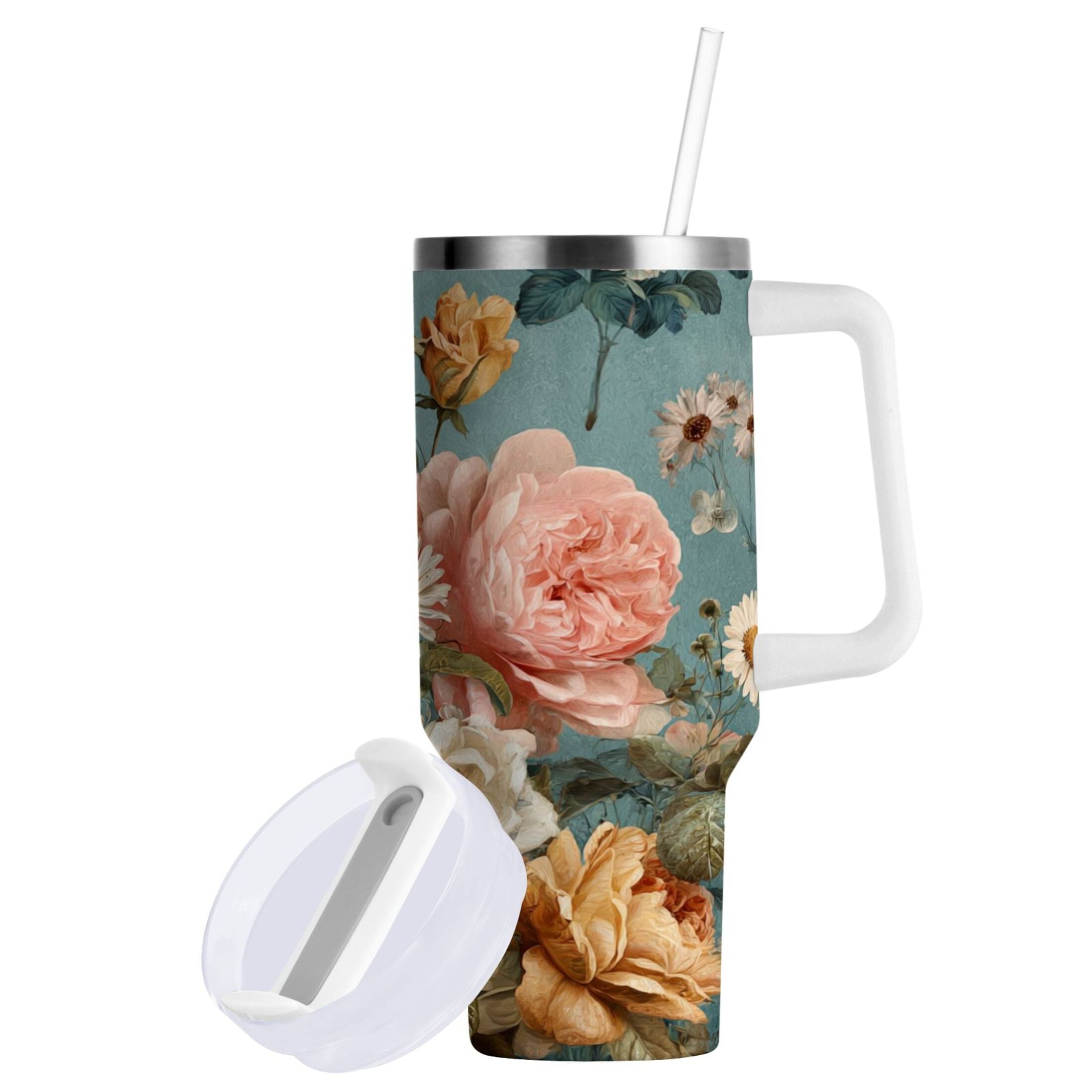30 oz Insulated Stainless Steel Tumbler Double Wall Stainless Steel Tumbler with 2-Way Drinking Vintage Roses and Peonies - Choice 710