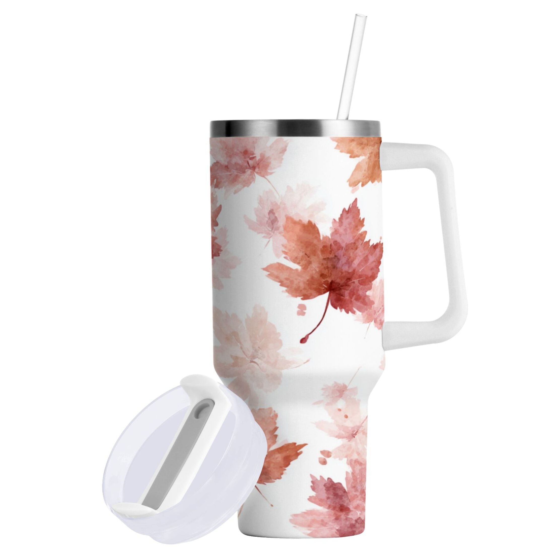 30 oz Insulated Stainless Steel Tumbler Double Wall Stainless Steel Tumbler with 2-Way Drinking Watercolor Pink Maple Leaves - Choice 996