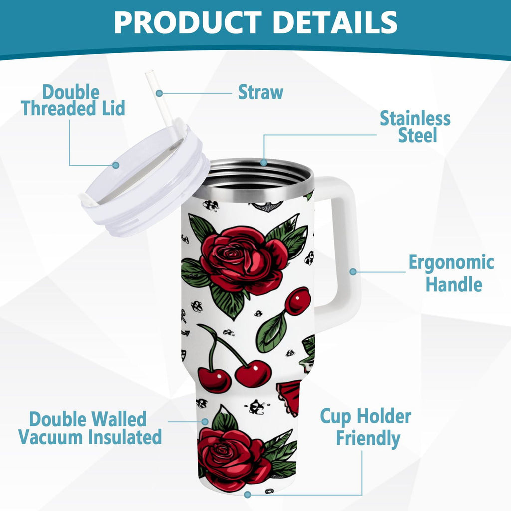 40 oz Insulated Stainless Steel Tumbler Double Wall Stainless Steel Tumbler with 2-Way Drinking Red Roses and Cherries - Choice 537