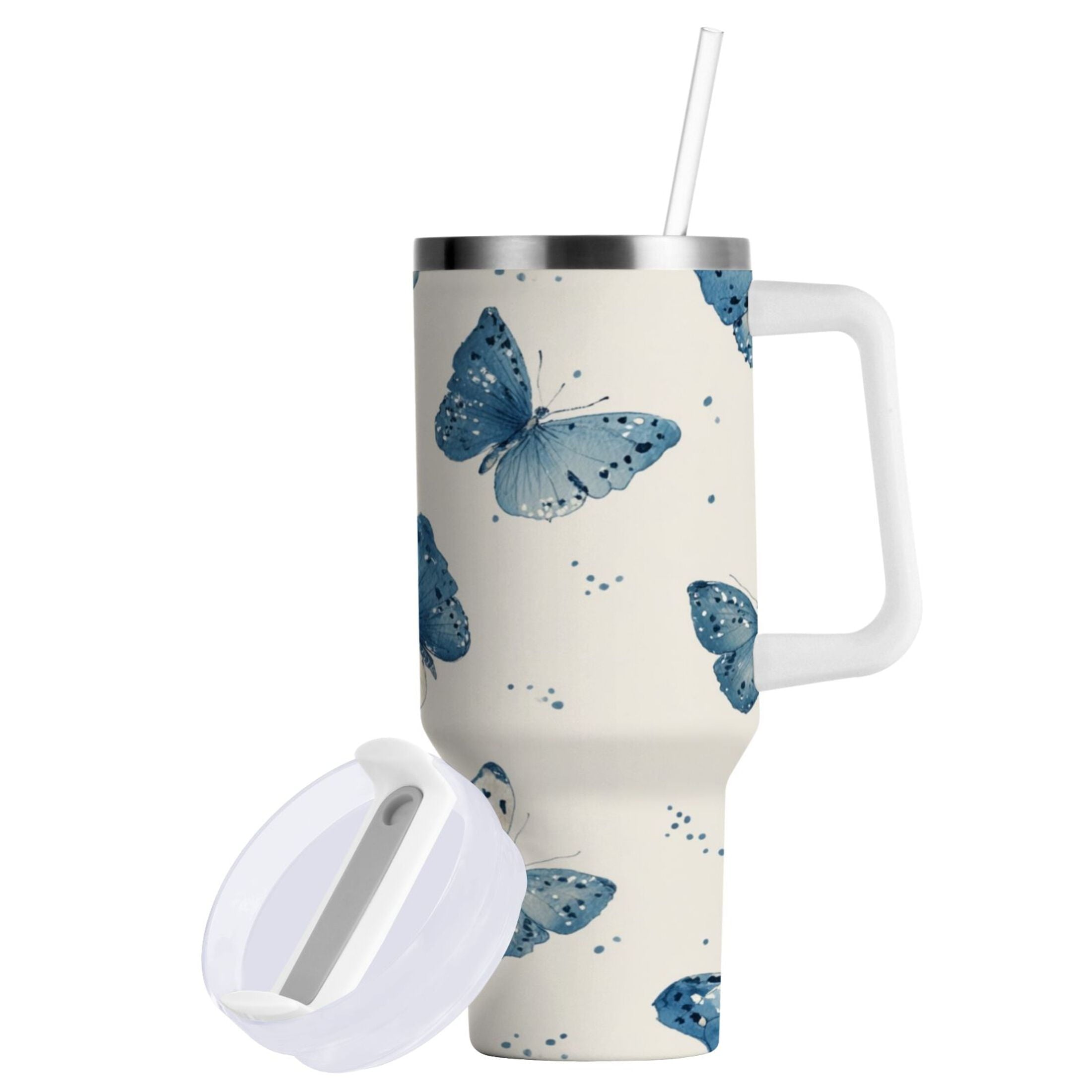 30 oz Insulated Stainless Steel Tumbler Double Wall Stainless Steel Tumbler with 2-Way Drinking Blue Watercolor Butterflies - Choice 605