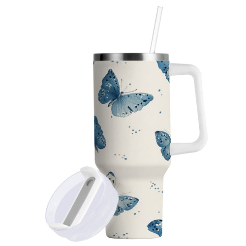 30 oz Insulated Stainless Steel Tumbler Double Wall Stainless Steel Tumbler with 2-Way Drinking Blue Watercolor Butterflies - Choice 605