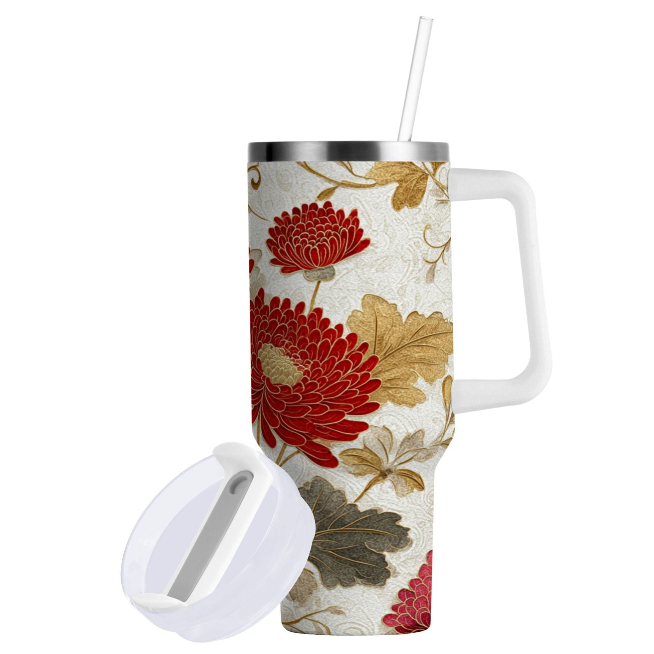30 oz Insulated Stainless Steel Tumbler Double Wall Stainless Steel Tumbler with 2-Way Drinking Red Chrysanthemum Pattern - Choice 790