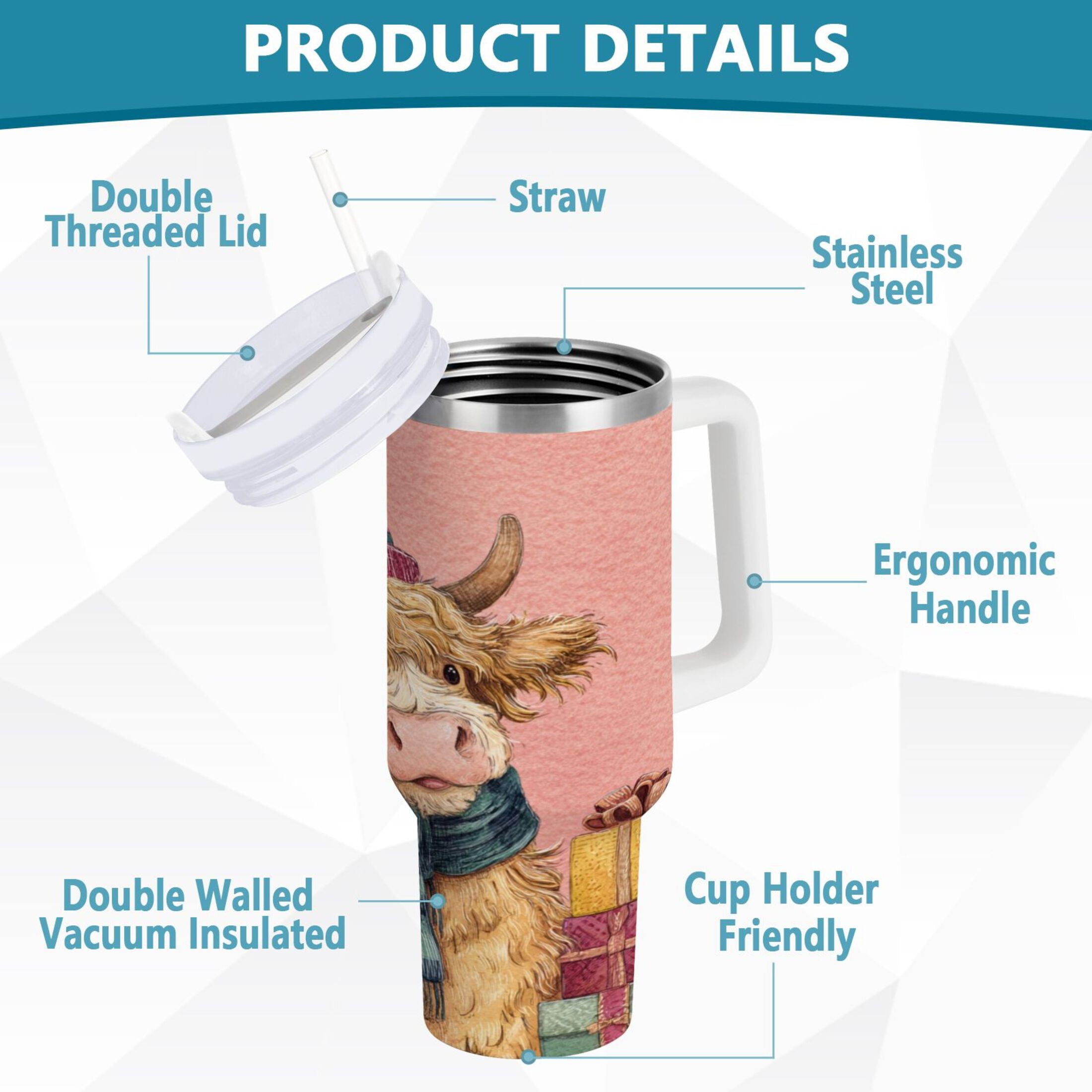 30 oz Insulated Stainless Steel Tumbler Double Wall Stainless Steel Tumbler with 2-Way Drinking Cow Wearing Scarf and Hat - Choice 220
