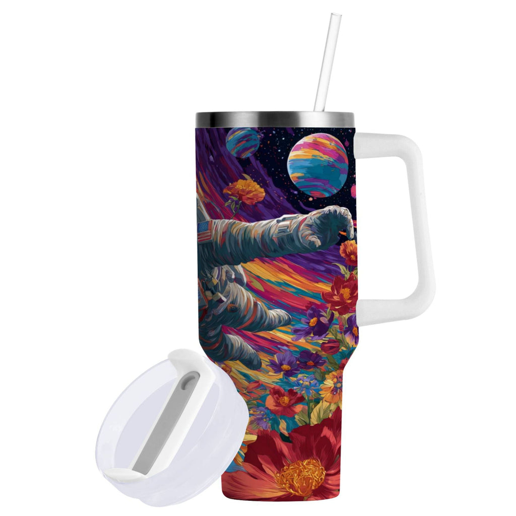 40 oz Insulated Stainless Steel Tumbler Double Wall Stainless Steel Tumbler with 2-Way Drinking Colorful Flowers and Planets - Choice 649