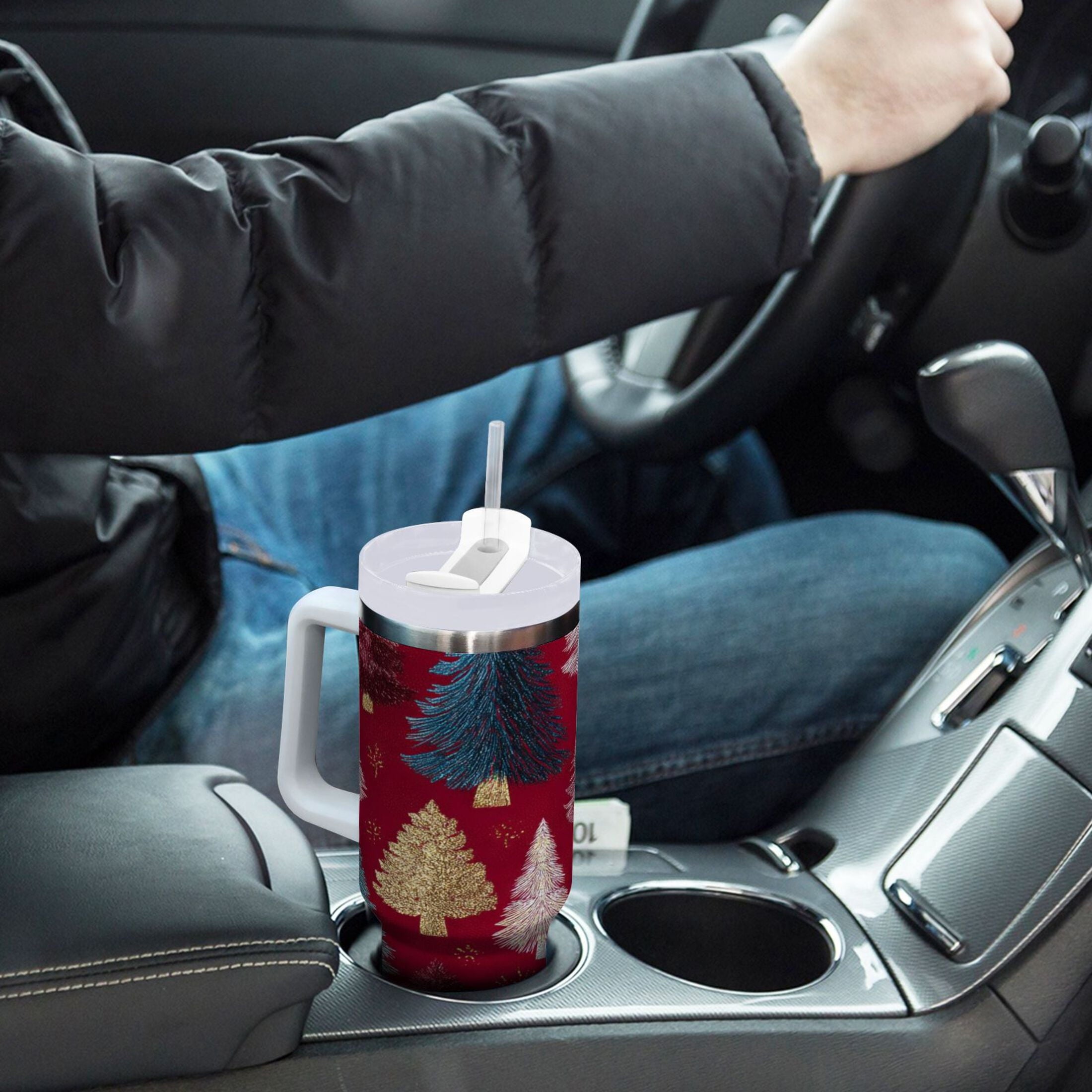 30 oz Insulated Stainless Steel Tumbler Double Wall Stainless Steel Tumbler with 2-Way Drinking Stylized Christmas Trees - Choice 138