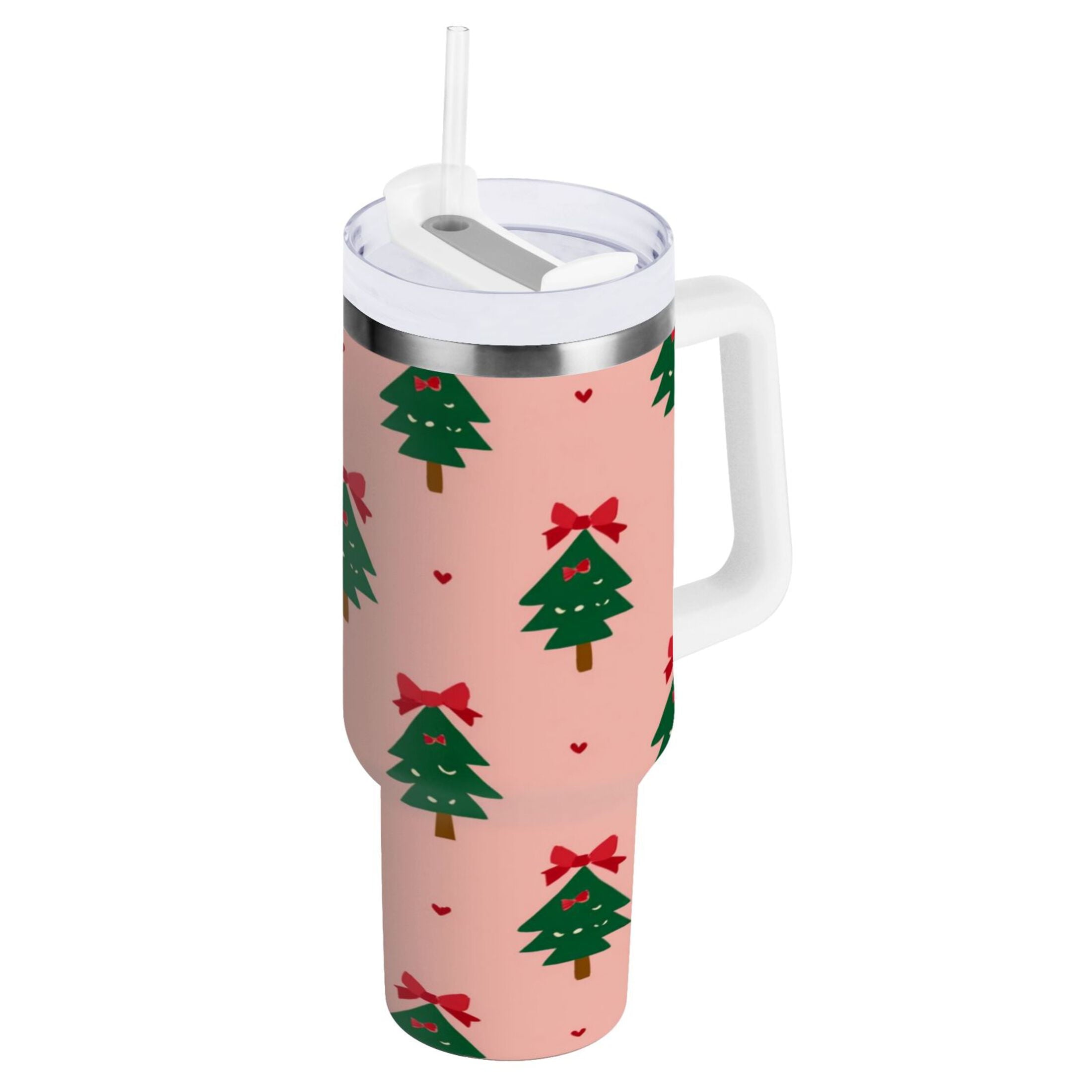 40 oz Insulated Stainless Steel Tumbler Double Wall Stainless Steel Tumbler with 2-Way Drinking Green Trees and Red Bows - Choice 881